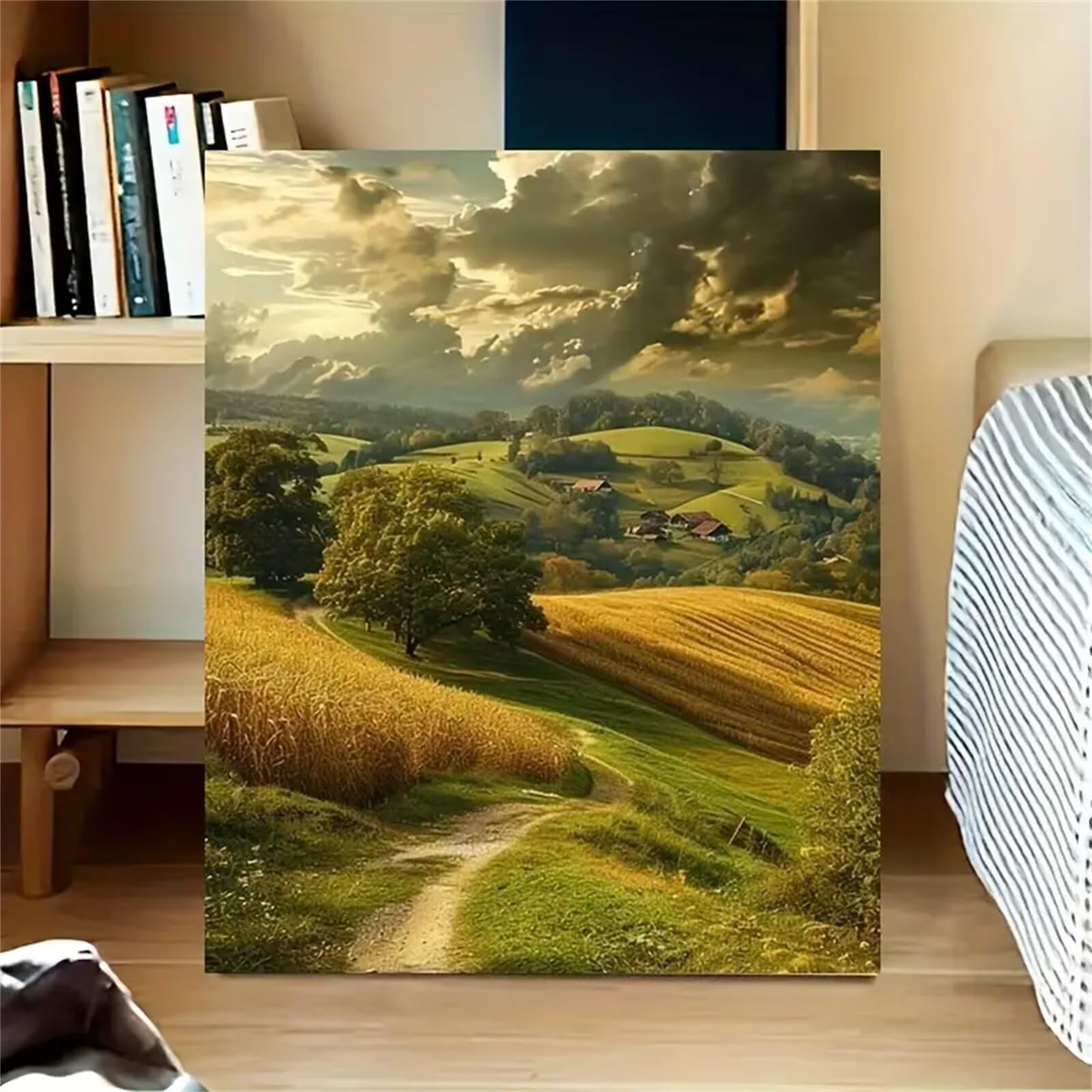 Pintar por Numeros para Adultos,con marco Paint by Numbers Kit DIY Cuadros Pintura al óleo de Lienzo con pigmento acrílico y pinceles para Hogar Pared Decoración Paisaje de campo Nube,60x75 cm