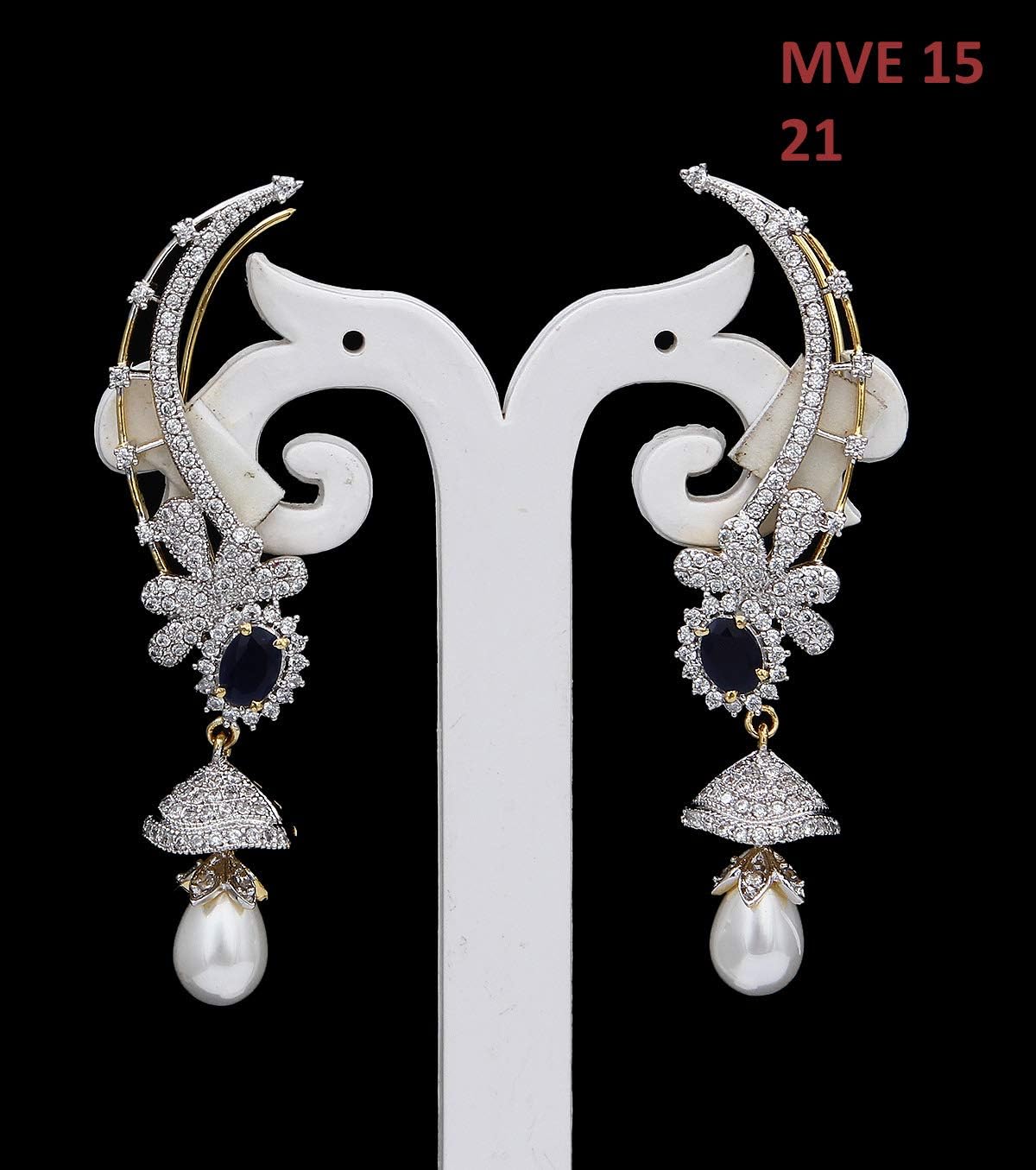 Traditional Ear Cuffs Blue Sapphire CZ Plated Studded with Jhumki Style Pearl Drop Earrings Indo-Western Jewellery for