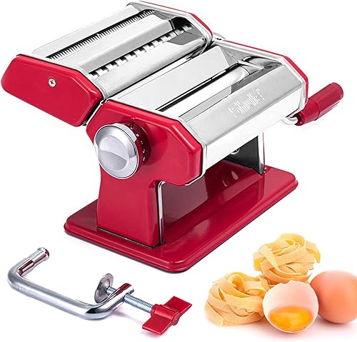 Vista 8 de Shule Máquina para hacer pastas manuales de acero inoxidable, incluye rodillo de pasta, cortador, manivela y 7 ajustes de grosor ajustables plateado