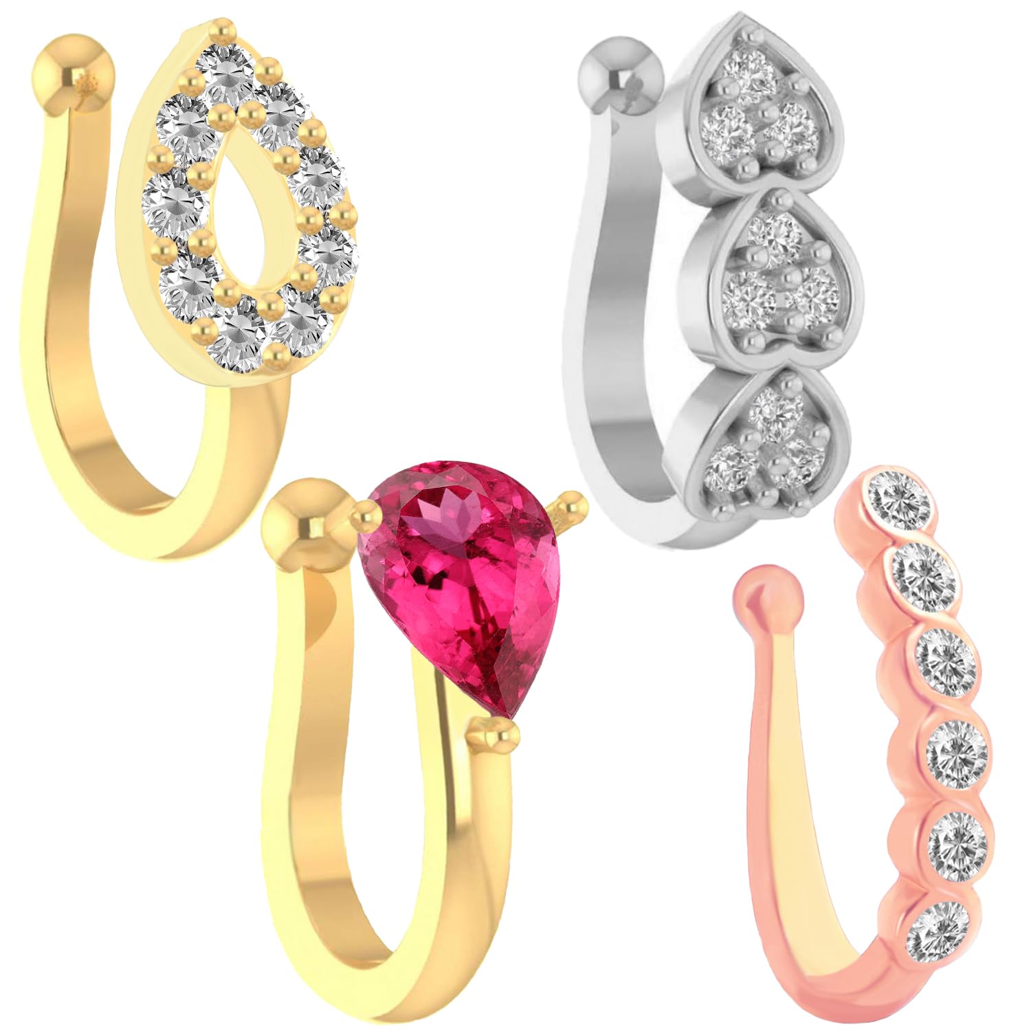 FASHIONS Gold Silver Rose Gold Non Piercing Clip On Nose Pins Without Hole Pressing Type Nose Ring Studs for Women & Girls