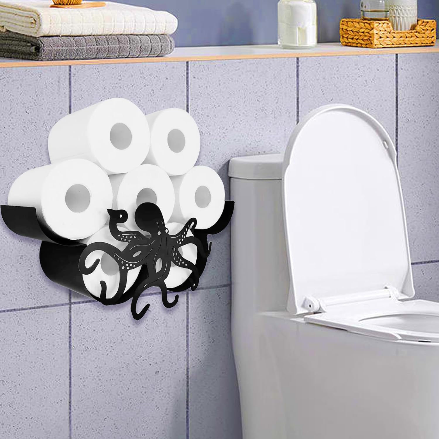 Funny Octopus Toilet Paper Holder,Black Metal Toilet Paper Storage,Space-Saving Toilet Paper Holder Wall Mount, Octopus Bathroom Decor,Perfect Bathroom Accessory for Neatness and Easy Access