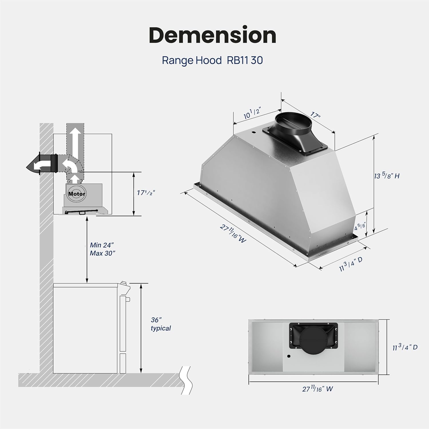 Detailed dimensions and installation diagram for VIKIO HOME Range Hood Insert