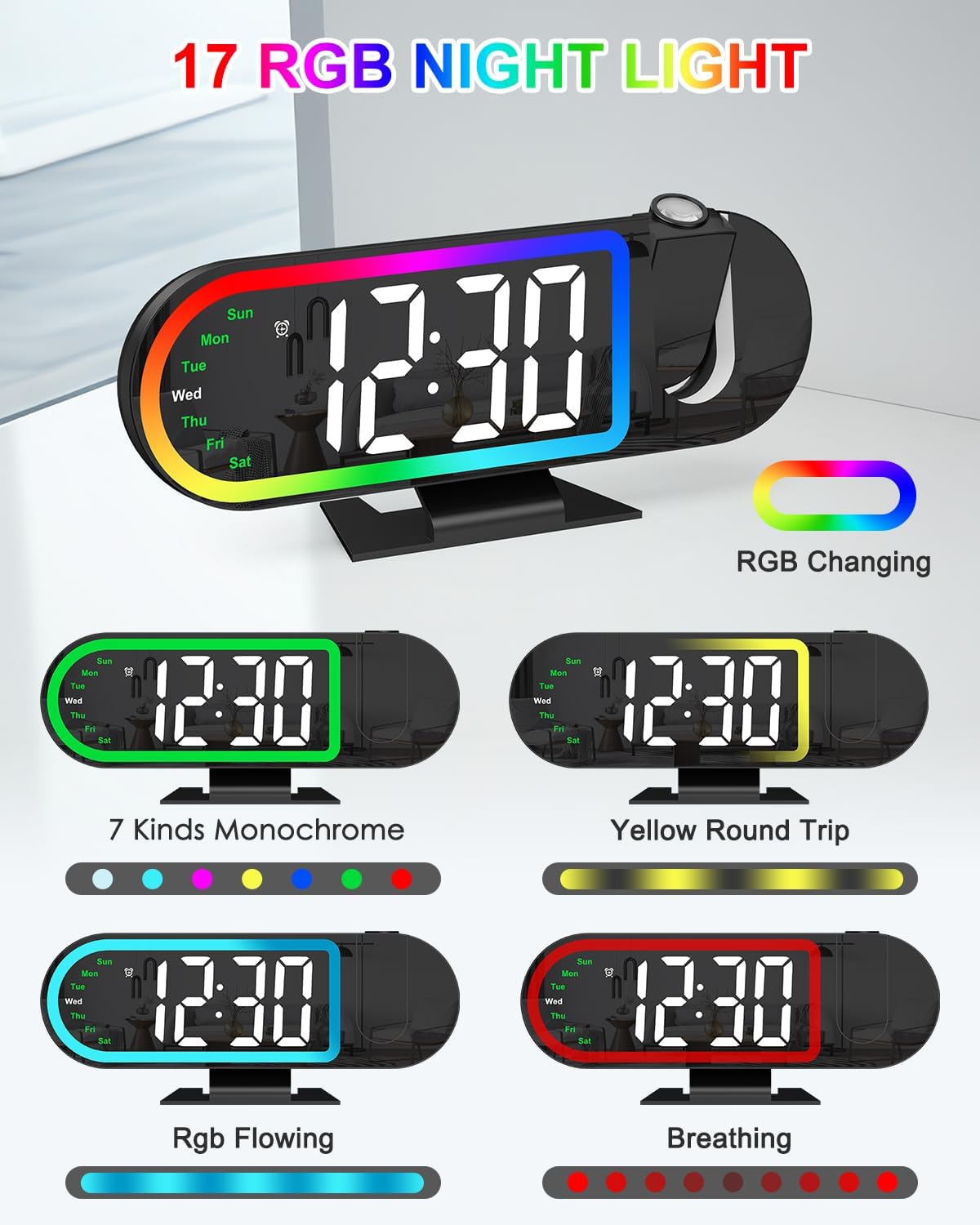 Projection Alarm Clock for Bedroom Ceiling, 8.5" Large Display Alarm Clock with 180° Rotatable Projector, 4 Brightness, 17 Ambient Light, Temp & Weekday, Snooze, Digital Clocks for Home Decor