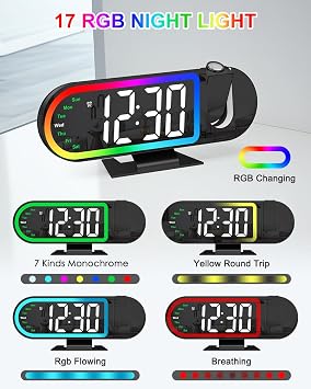 Projection Alarm Clock for Bedroom Ceiling, 8.5 Large Display Alarm Clock with 180 Rotatable Projector, 4 Brightness, 17 Ambient Light, Temp & Weekday, Snooze, Digital Clocks for Home Decor