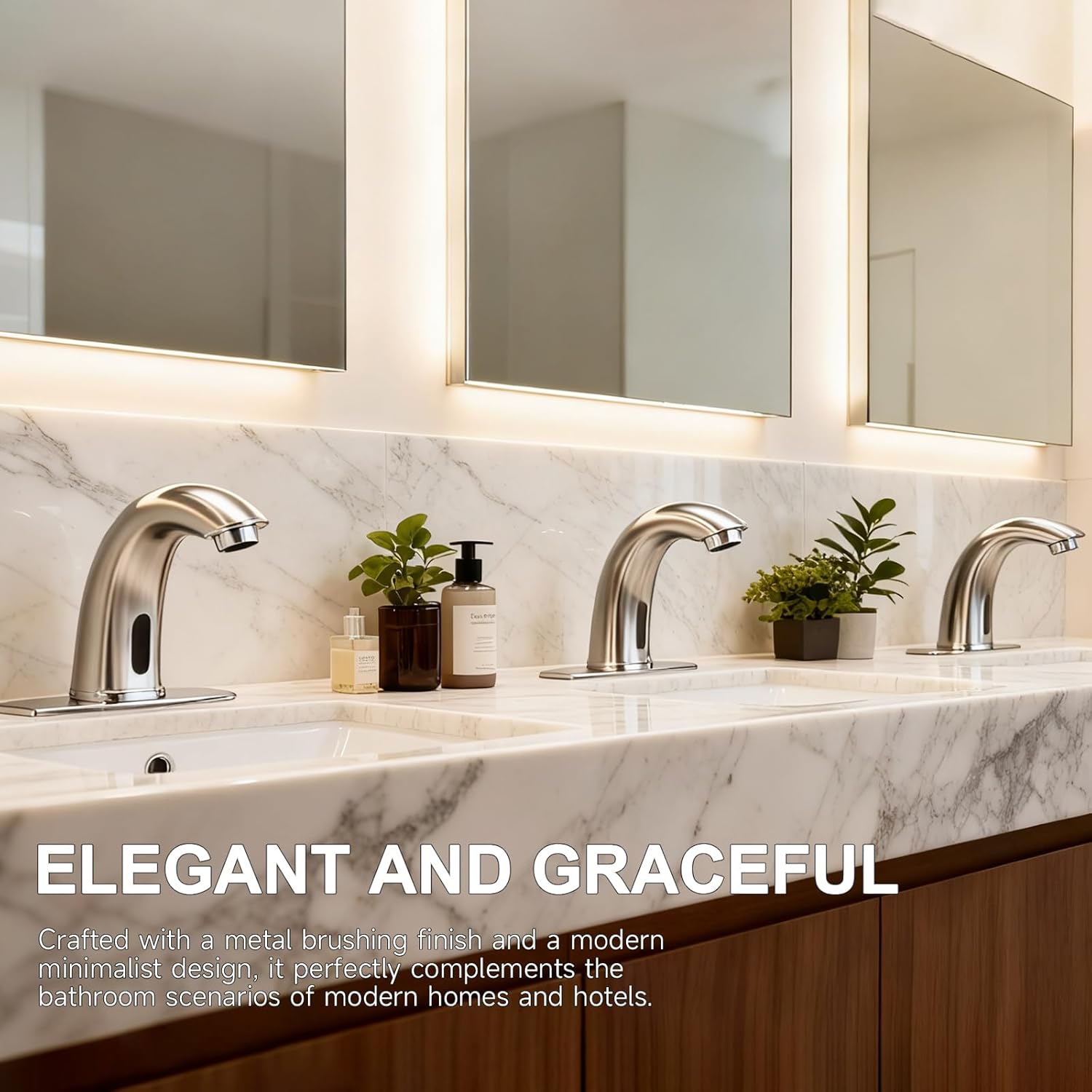 Touchless Bathroom Sink Faucet Automatic Motion Sensor Commercial Bathroom Faucet with Deck Plate,1 Hole or 3 Hole Solid Brass Faucet,AC/DC Powered,Hot Cold Mixer,Brushed Nickel