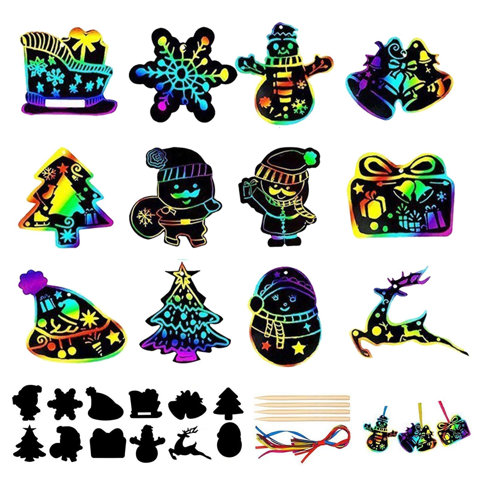 Vordpe Pack of 48 Christmas Scratch Pictures, Colourful Christmas Scratch Art for Children, Christmas Ornaments Hanging Craft Kits, Scratch Art Paper with Wooden Pens Ribbon (C-GHZ205)