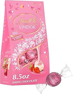 Lindt LINDOR Strawberries and Cream White Chocolate Candy Truffles, Valentine's Day White Chocolate with Strawberries and Cream White Truffle Filling, 8.5 oz. Bag