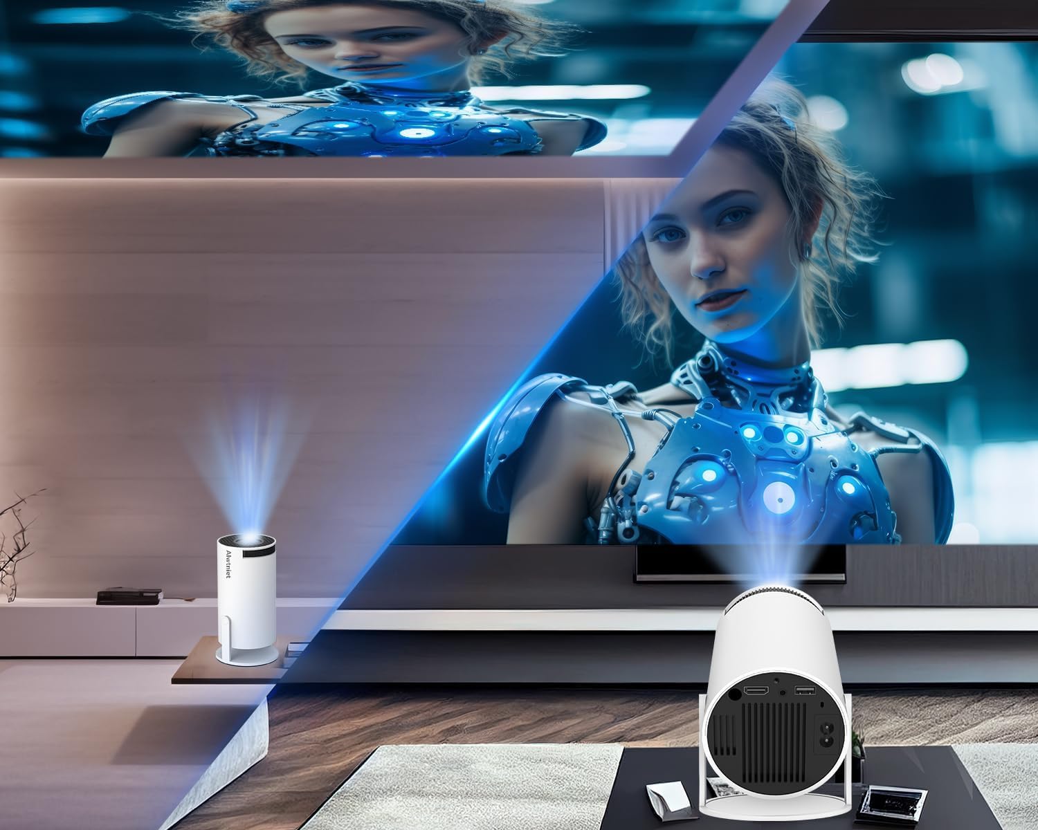 Mini Proyector portátil, WiFi6 BT 5.0 Android 11.0, proyector de video compatible con 4K 1080P, proyector de películas con corrección trapezoidal horizontal y rotación de 180° compatible con teléfonos