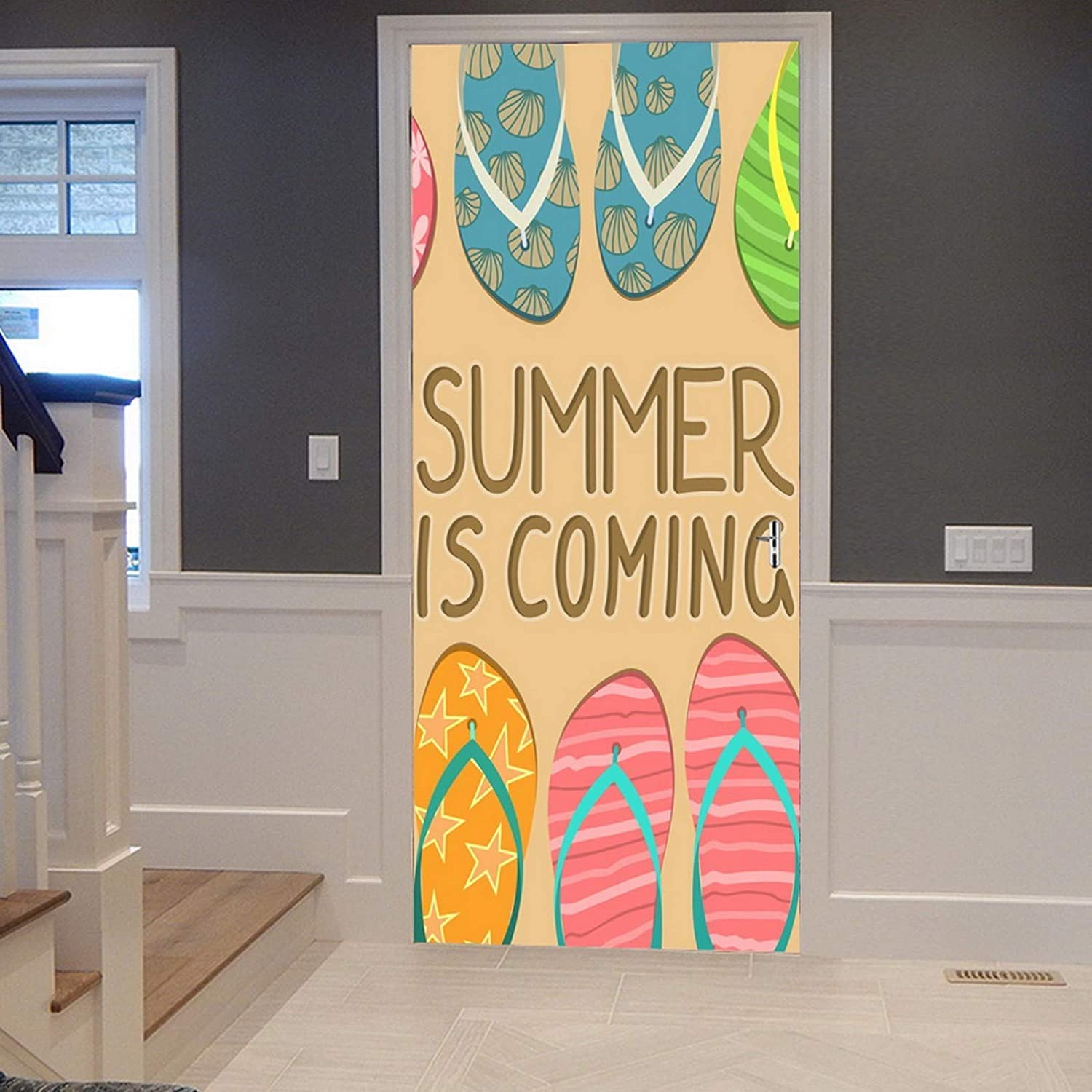 Door Sticker Summer Colorful Slippers Door Murals Stickers, Modern Art Wallpaper Home Office Door Poster Self-Adhesive Vinyl Mural Stickers 90 X 200 Cm