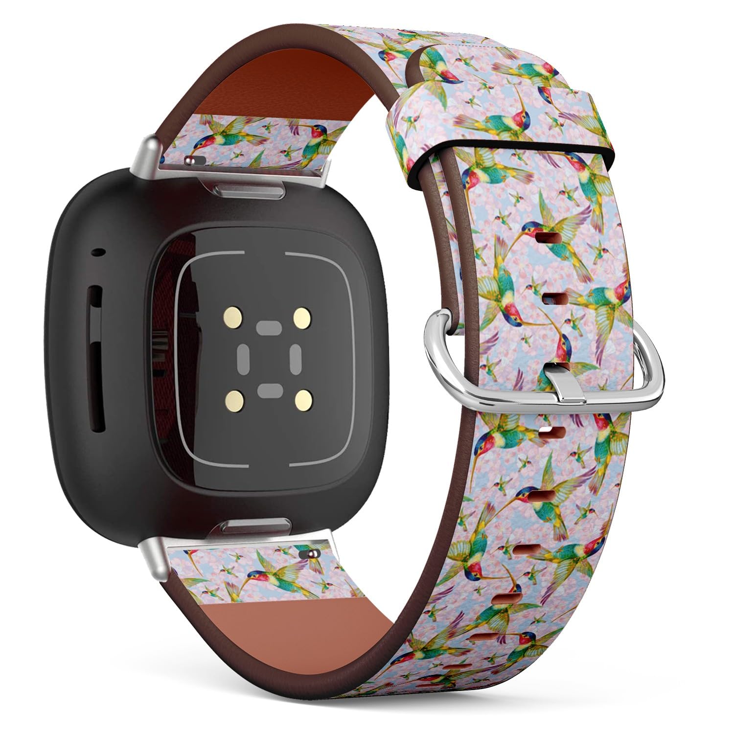 MRAKPLGE Watch Band, Hummingbird Flowers Pattern, Compatible with Fitbit Versa 4, Versa 3, Sense 2, Sense, Replacement Vegan Leather Strap Bracelet
