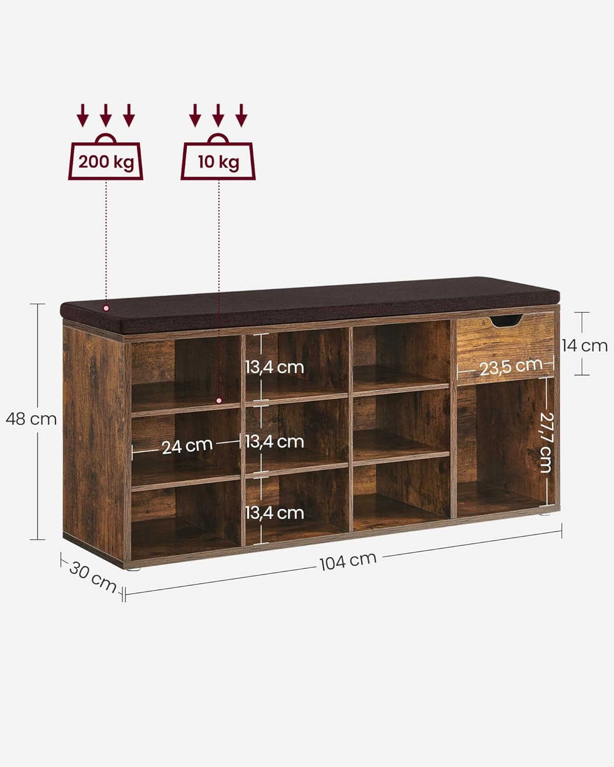 Diagram showing the dimensions of the VASAGLE Shoe Bench and its weight capacities.