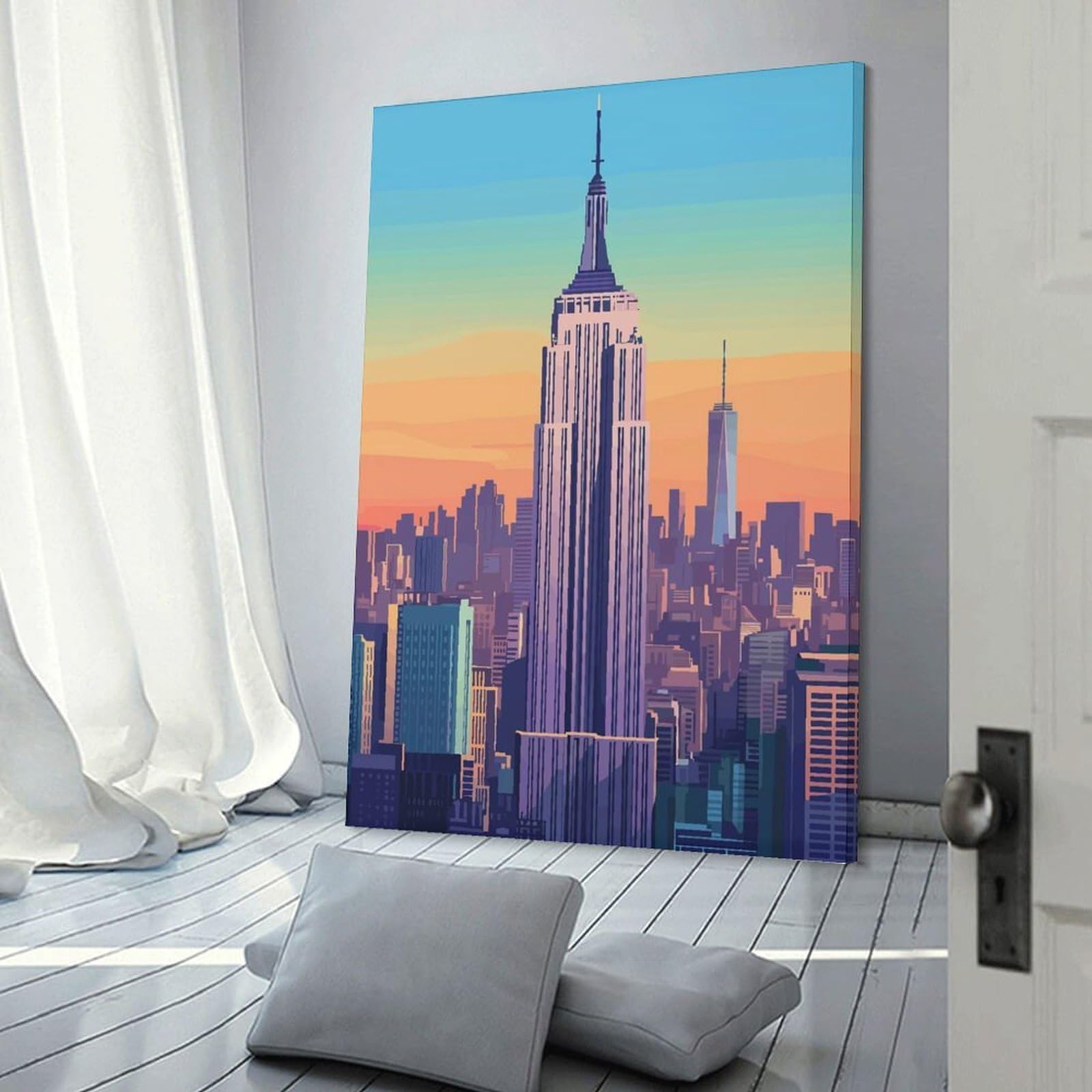 Junmoney Empire State Building Skyline Canvas Wall Picture, 20x30inch(50x75cm), for Wall Displays, Bedrooms Or Room Updates, Wall Decor Suited to Curated Displays