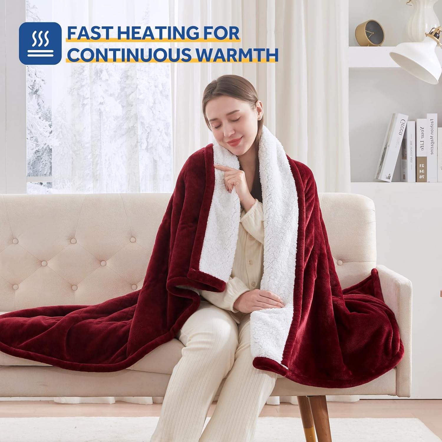 Sealy Electric Blanket Throw Size 50"*60",Super Cozy Flannel to Sherpa Reversible Heated Blanket Throw with 6 Heating Levels & 2-10 Hours Auto Off Overheating Protection Machine Washable,Red - Image 2