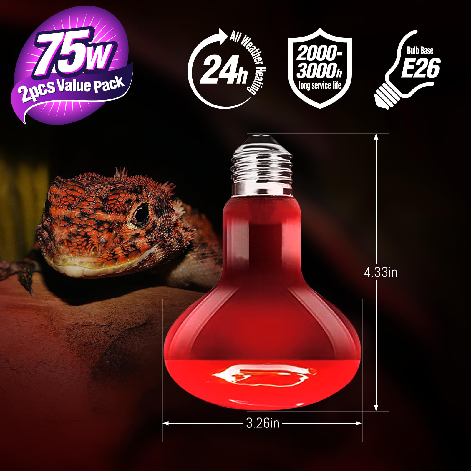 Leoterra 75W Red Infrared Night Heat Lamp Fits 20-40 Gallon Tank (2 Pack)- Thickened Glass 2000+ Hours Long Life for Bearded Dragon,Ball Pythons, Snake, Turtle, E26 110V - image 3