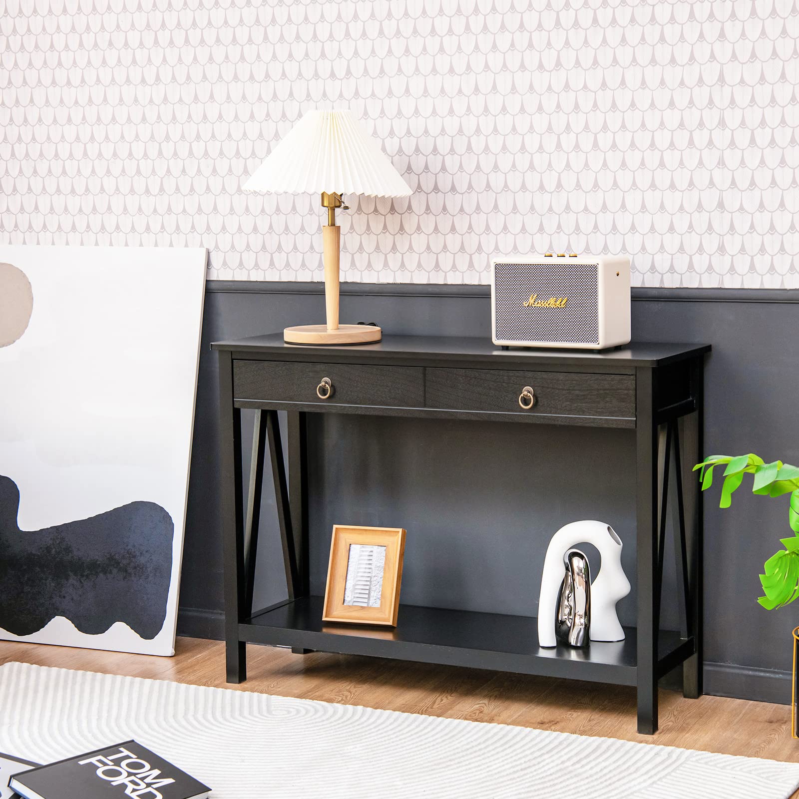 GOPLUS Consoletafel met lade en plank, haltafel smal met metalen frame GOPLUS Consoletafel met lade en plank, haltafel smal met metalen frame