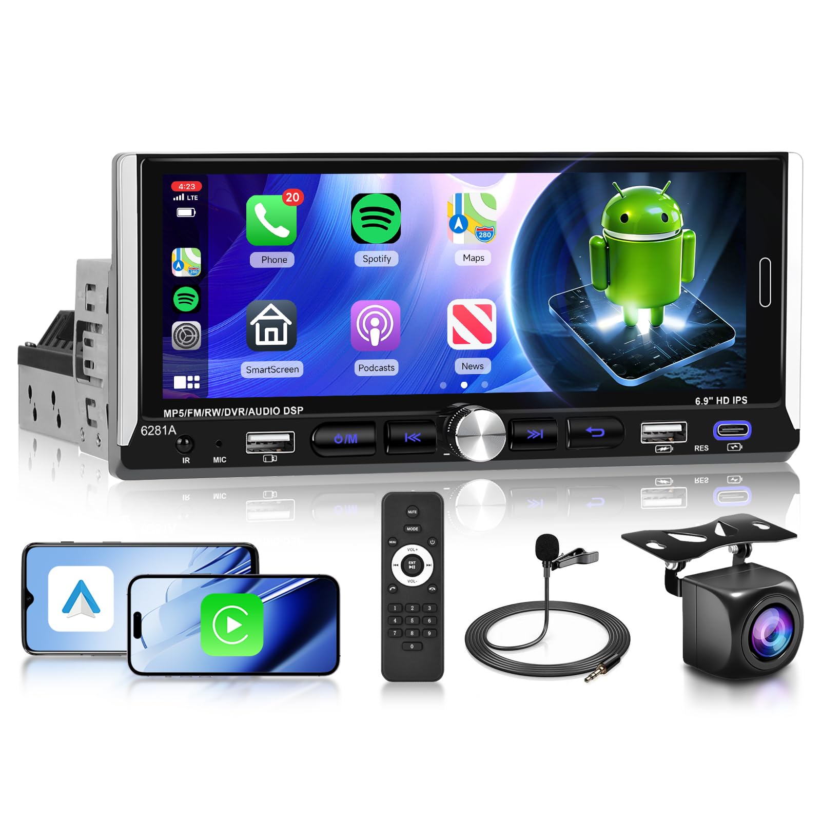 Autoradio Android 1 Din 9 Pouces - 4G+64G, CarPlay/Android Auto Sans Fil, GPS, Bluetooth 5.0, Caméra