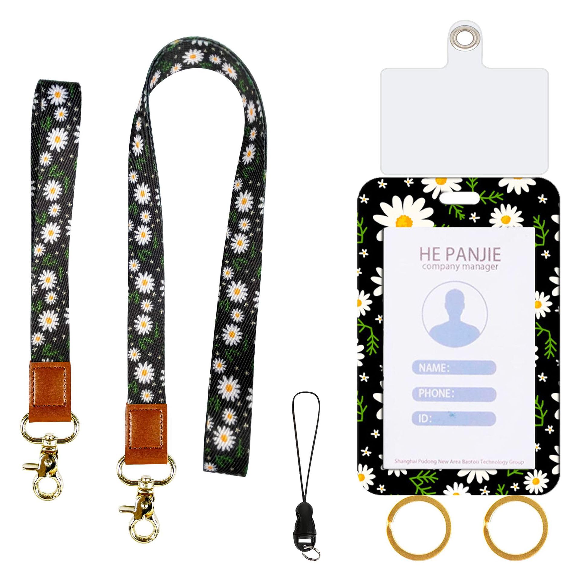 2 Set Lanyard for ID Badge and Keys, Thickened Polyester Webbing Leopard Print Cow Print Floral Print Card Sleeve PVC Transparent Phone Pad Hanging Rope(10 Green Leaf Chrysanthemums)