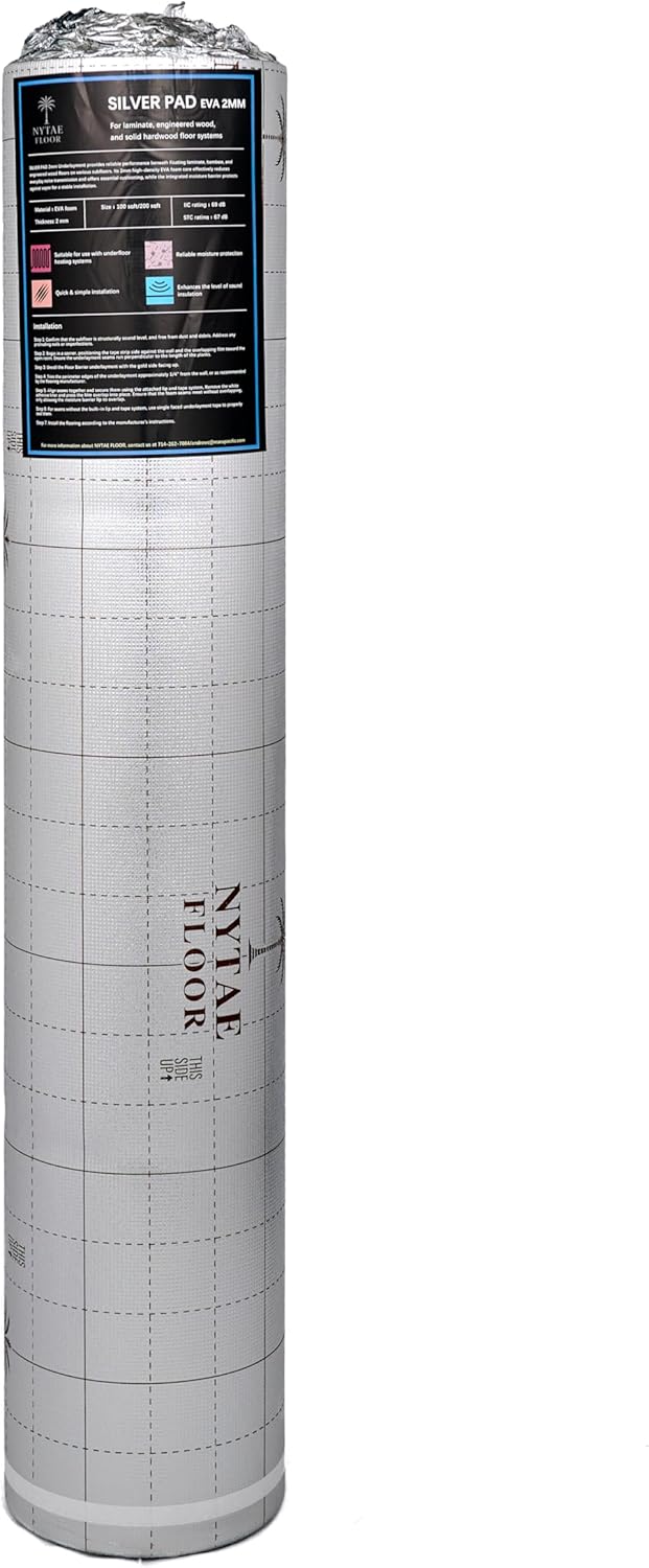 Silver Pad 200, EVA 2mm Underlayment with Silver Film – Sound Reduction, Cold Block, Moisture Barrier for Laminate, Engineered Wood & Vinyl Flooring (No Attached Pad), 200 Sqft Roll,