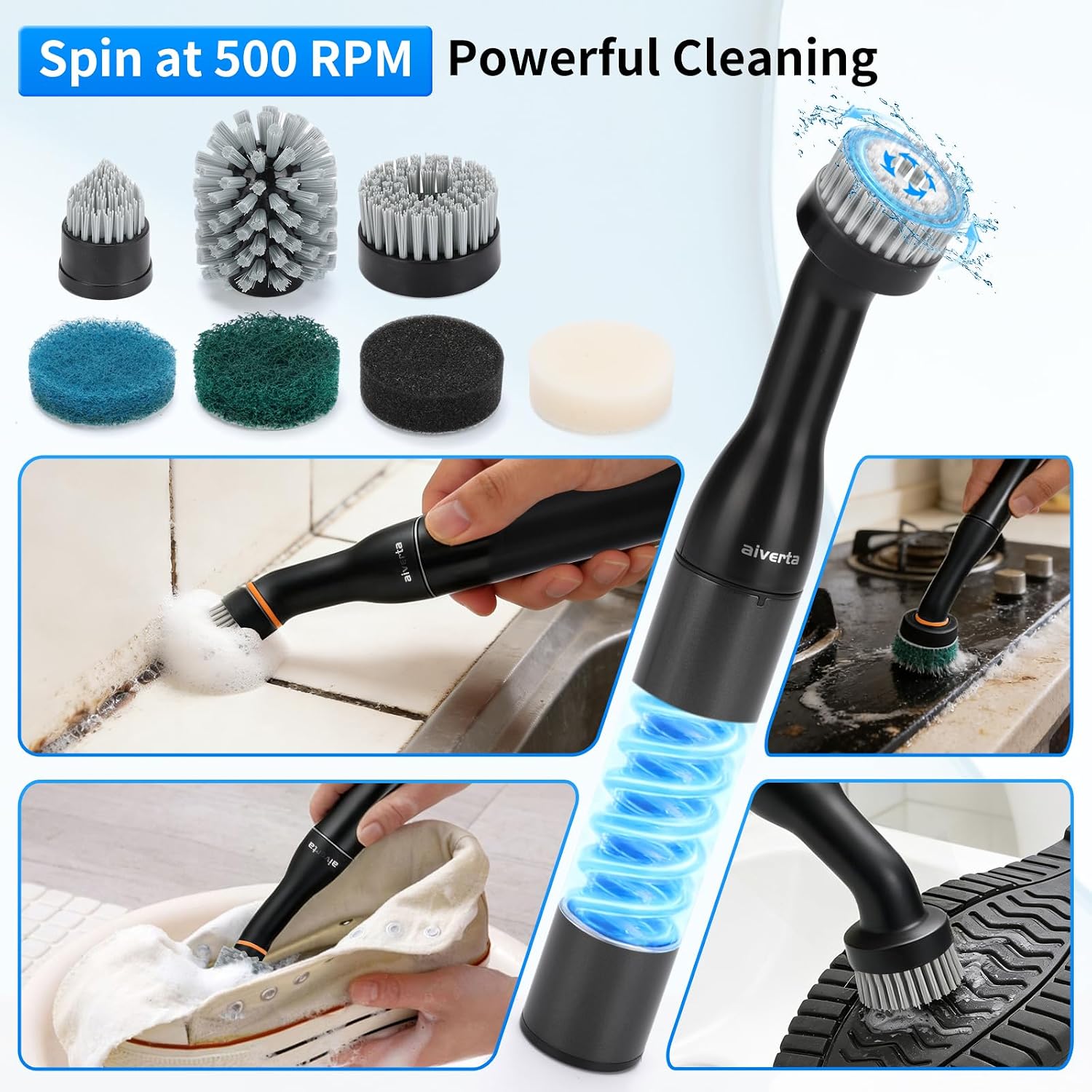 aiverta Mini Electric Shoe Brush, Crevice Cleaning Tool, Rechargeable Power Scrubber with 7 Brush Heads, Type-C, 1500mAh, for Sneakers, Leather Shoes, and Tight Spaces (Black)