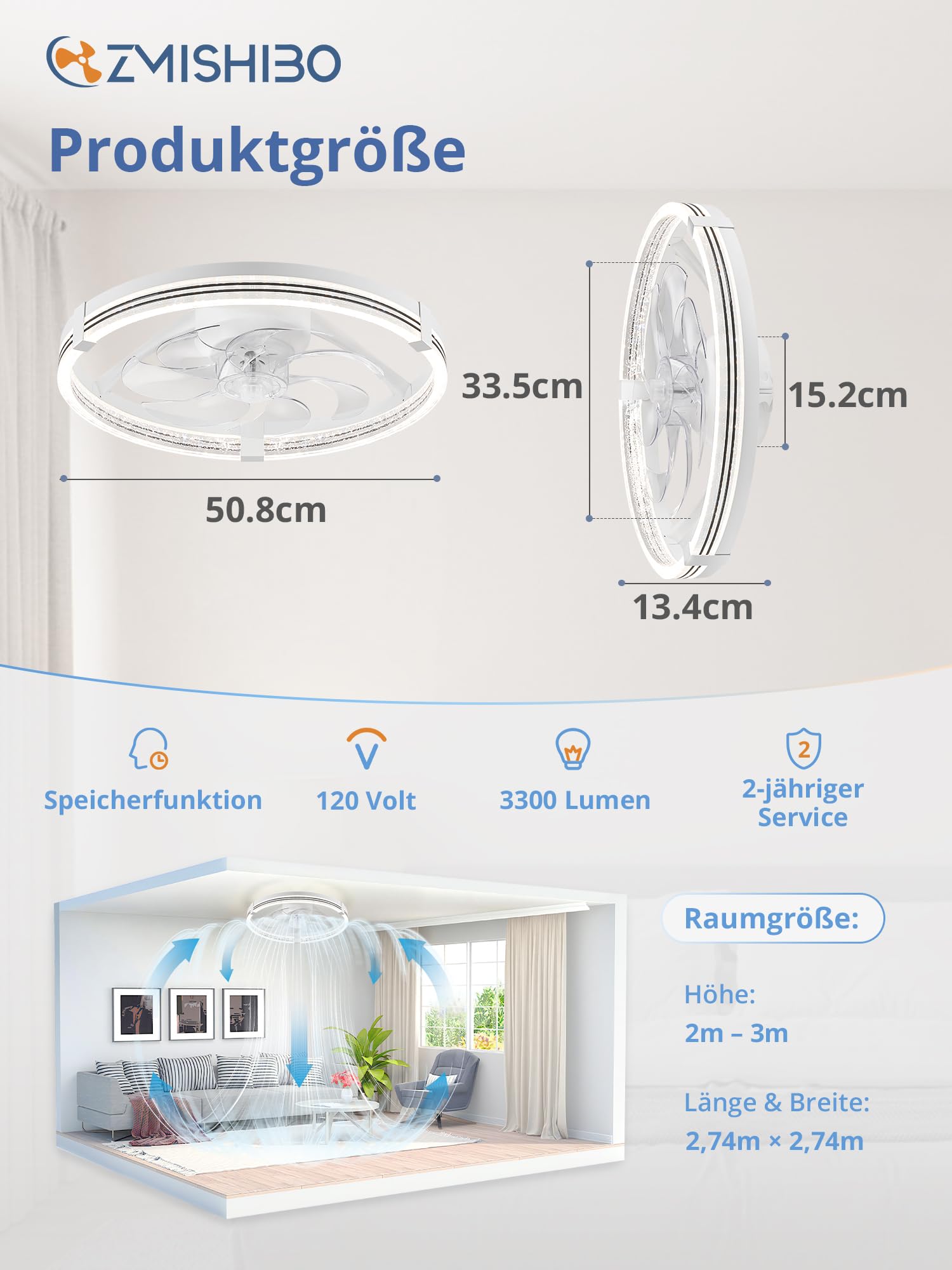ZMISHIBO Deckenventilator mit Beleuchtung, dimmbare LED 3000K-7000K, 6 Geschwindigkeiten, Umkehrfunktion, APP & Fernbedienung, Timer, leise für Wohnzimmer & Schlafzimmer, Weiß