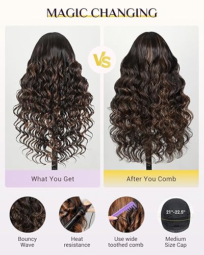 Miniatura 5 de TESLAL P1B30 Peluca de Encaje Precortada Highlight Wear and Go Sin Pegamento Body Wave 6X6 HD Peluca de Encaje de Fibra Premium y Mezcla de Cabello