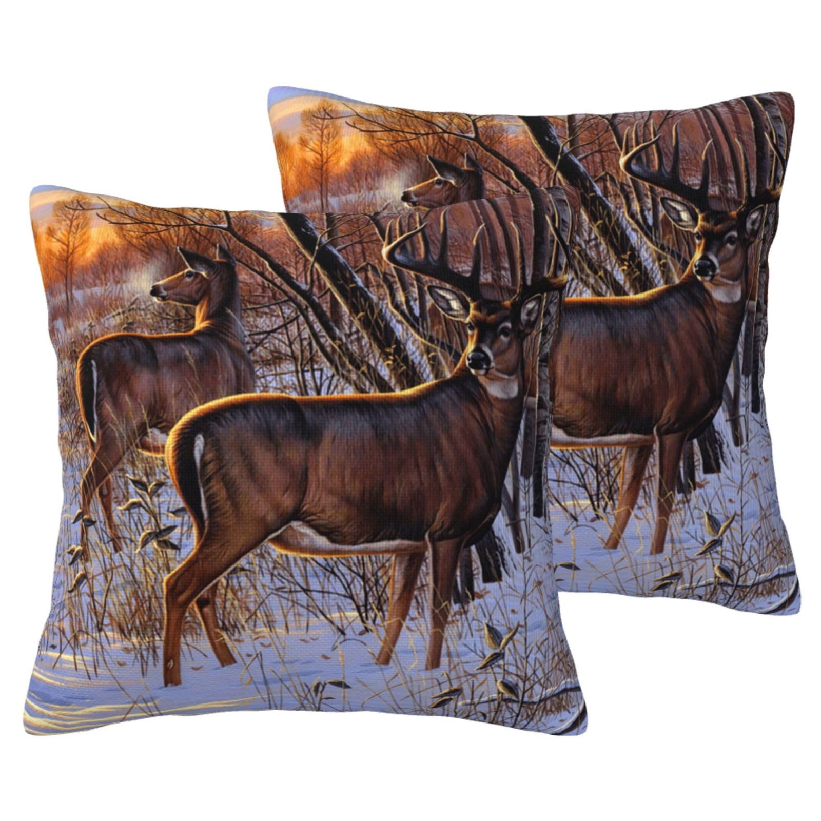 Housse de coussin imitation lin motif cerf déco lot de 2
