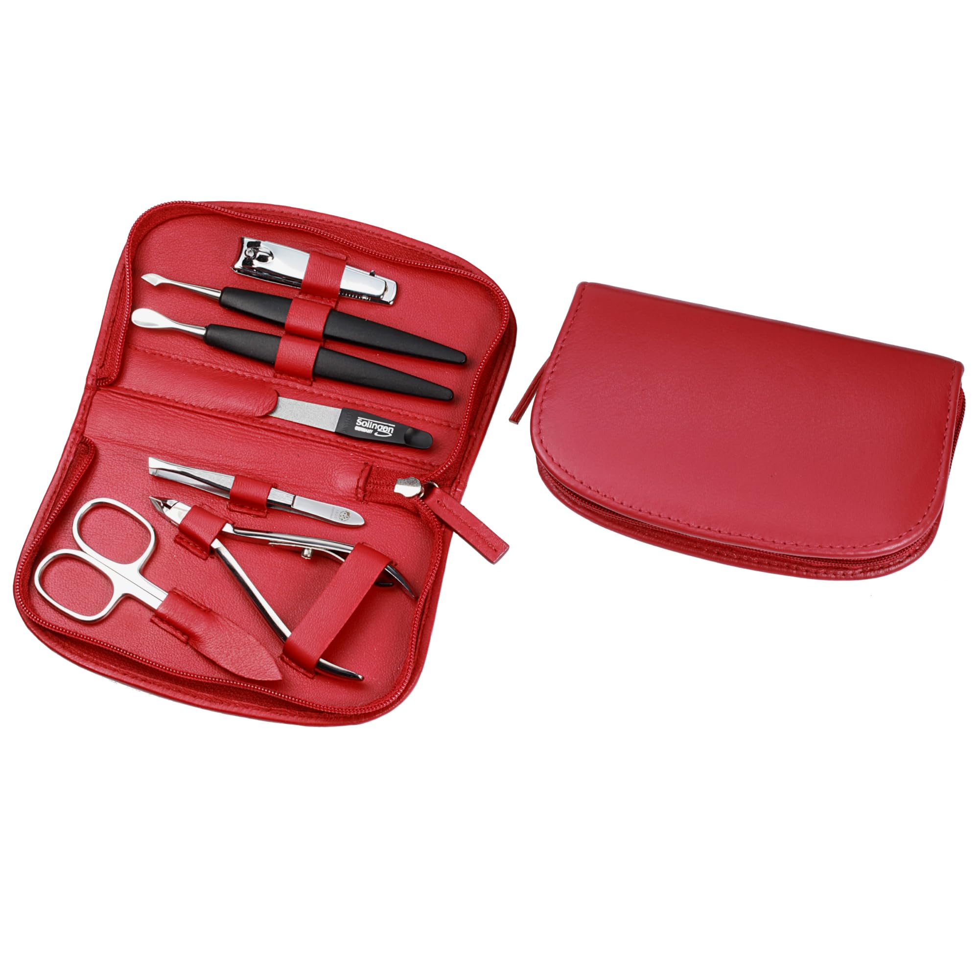 Sonnenschein by Hans Kniebes | Maniküre Set 7 teilig | Nagelschere, Hautzange, Nagelknipser, Nagelfeile, Pinzette, Nageldrücker, Nagelmesser | Nagelpflegeset Nappa-Lammleder Manicure Etui (Rot)
