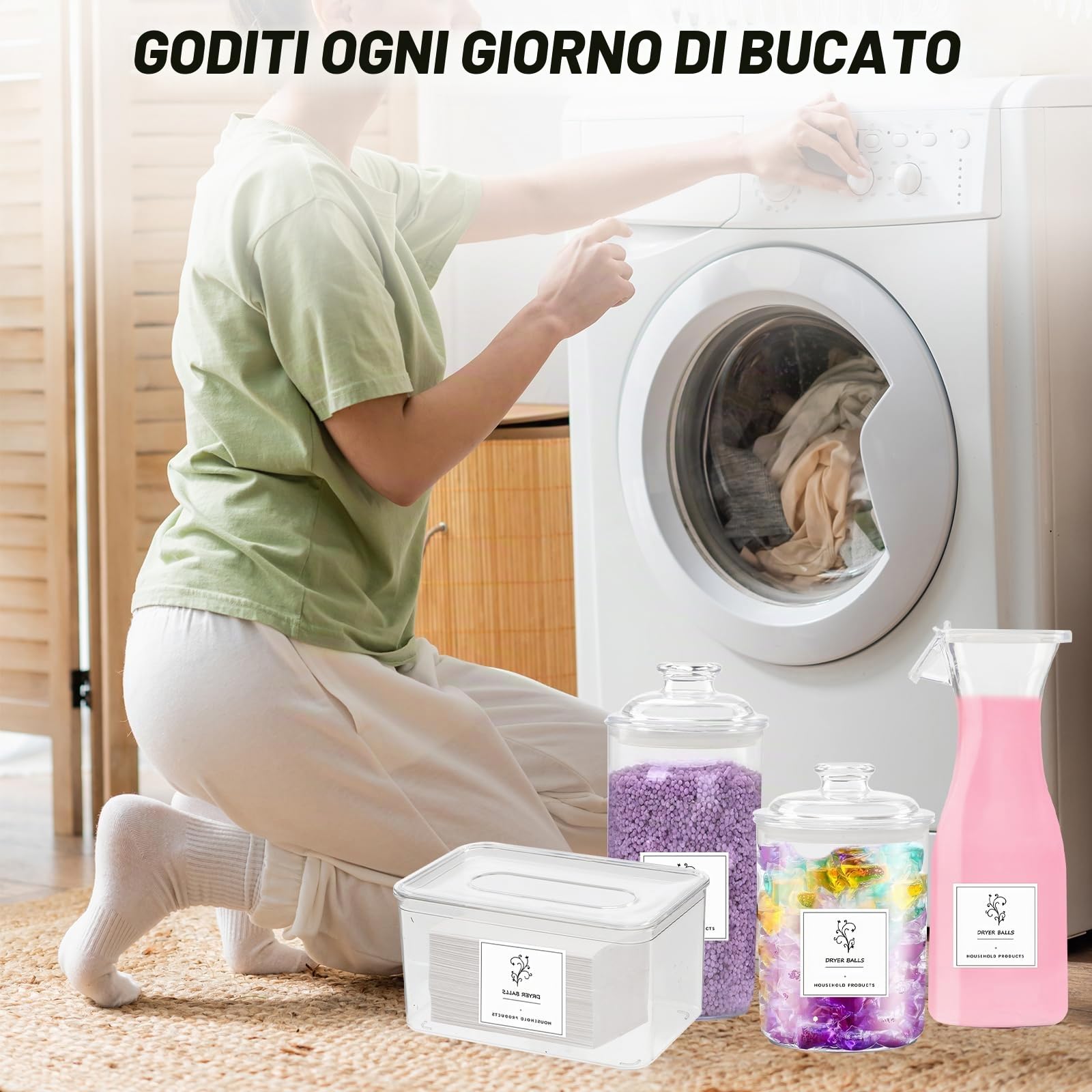 4 Pezzi Contenitore Detersivo Polvere, Grandi Contenitori per Capsule per Il Bucato, Dispenser Detersivo Lavatrice in Plastica, con Adesivi e Cucchiai per Lavaggio in Polvere, Fogli di Detersivo