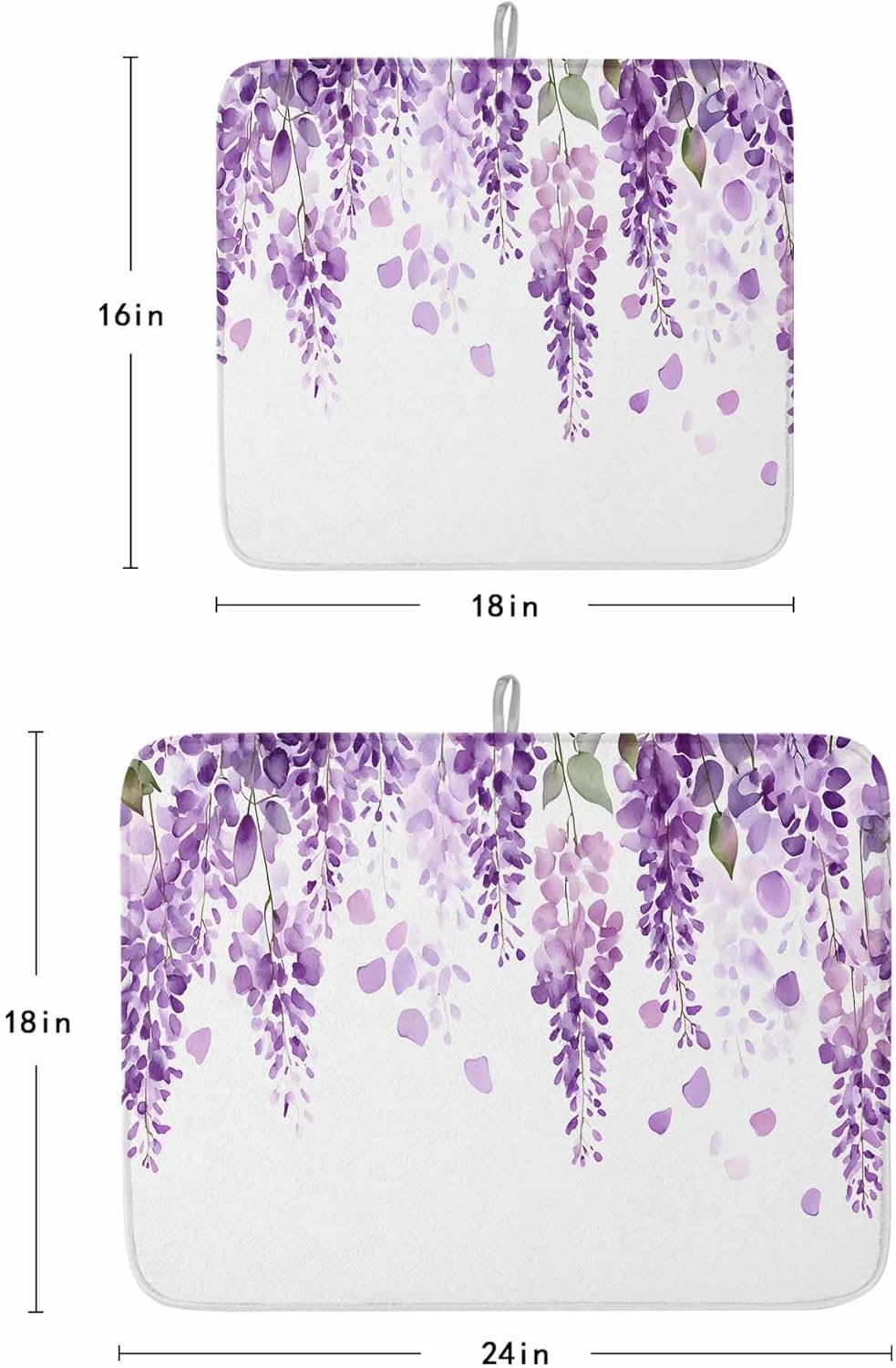 Drying Mats for Kitchen Counter 2 Pcs, Wisteria Flowers Purple Flowers Watercolor Microfiber Absorbent Dish Drainer/Rack Mat,Reversible Hangding Quick Drying kitchen Decor,18x24 Machine Washable