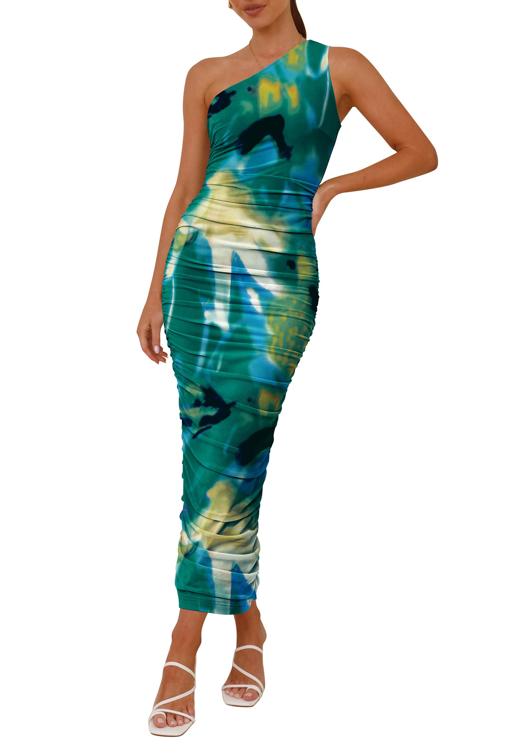 PRETTYGARDEN Women's One Shoulder Bodycon Dresses Summer 2026 Ruched Floral Beach Cocktail Wedding Guest Dress