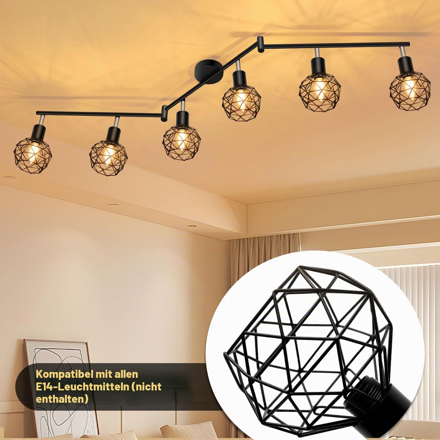 Deckenstrahler 6 Flammig, 350°-Drehung, Deckenspots E14 Fassung, Deckenlampe LED Deckenleuchte, Spotleuchte Wand, Wandstrahler für Küche, Wohnzimmer, Schlafzimmer, Schwarz (Ohne Leuchtmittel)
