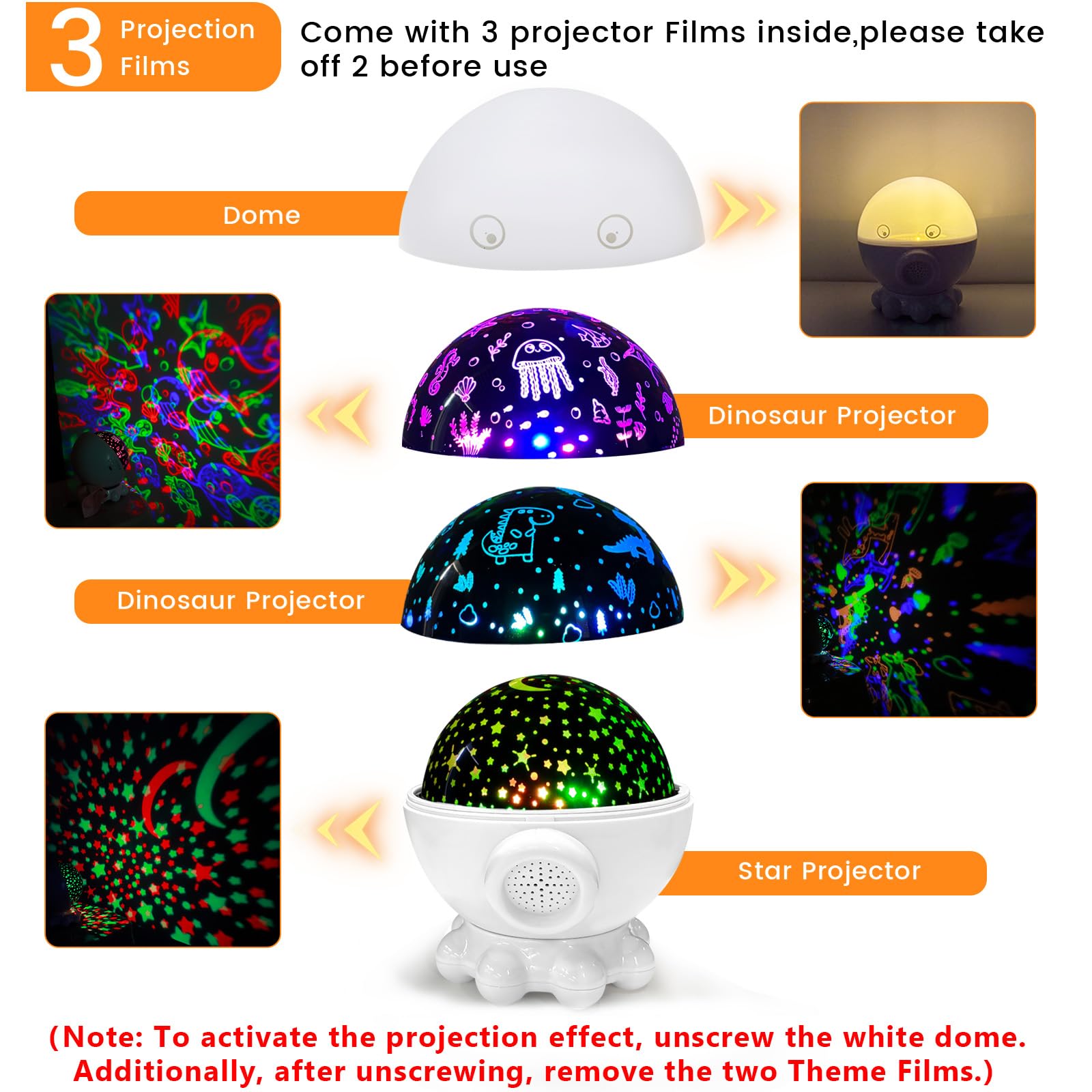 Proyector de luz nocturna para niños, 17 modos de luz, proyector de estrellas oceánicas con rotación de 360°, 3 películas de proyección y 9 canciones de cuna, lámpara de noche para guardería con