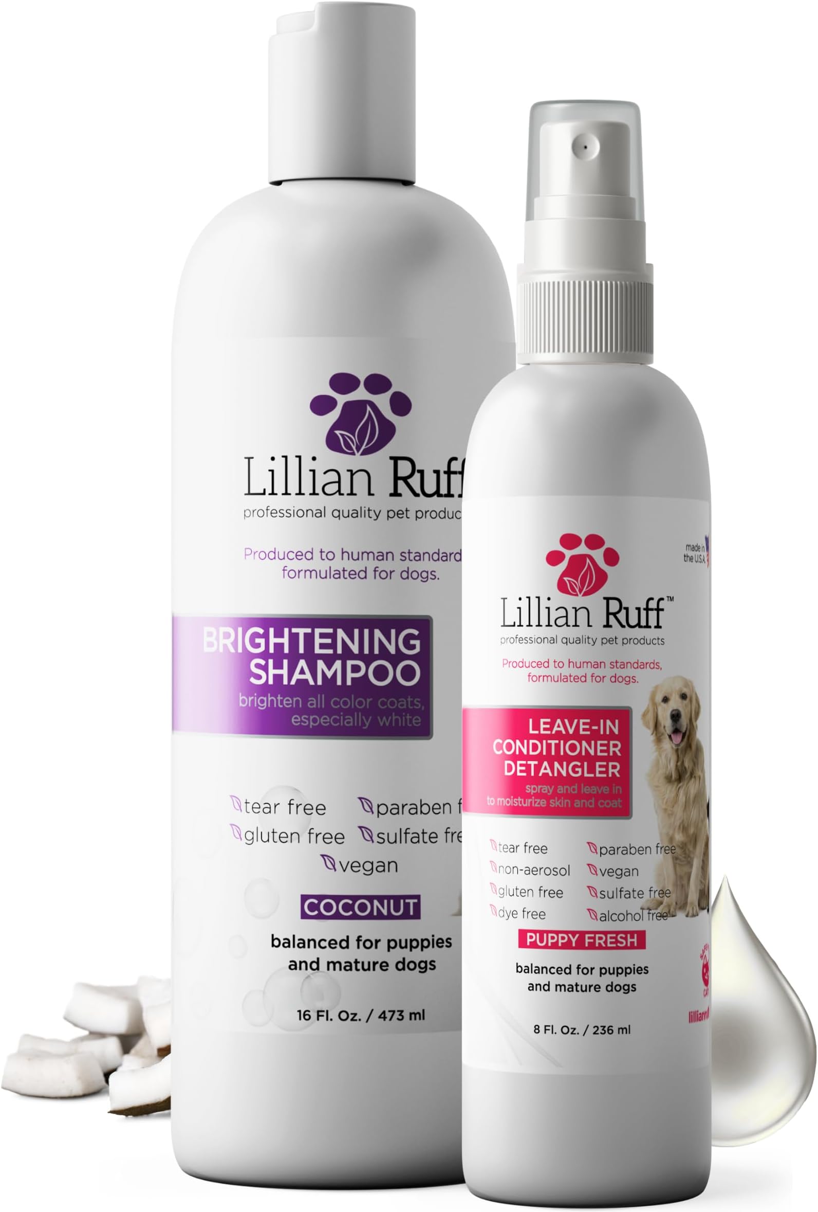 Lillian Ruff PRO Formula Ultra Brightening Dog Shampoo & Leave-in Conditioner Detangler Set - Professional Whitening, Stain Removal, Dematting, Detangling & Odor Control with Aloe & Provitamin B5