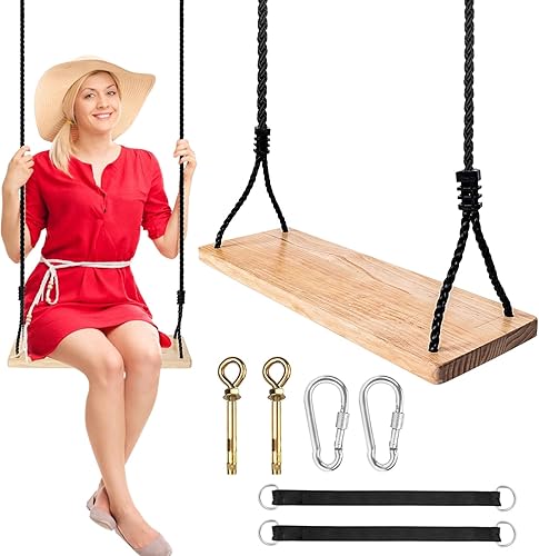Asiento de columpio de madera de 23 x 8 x 1.1 500 libras, cuerda de nailon ajustable y correas de extensión para árbol, columpio de madera para