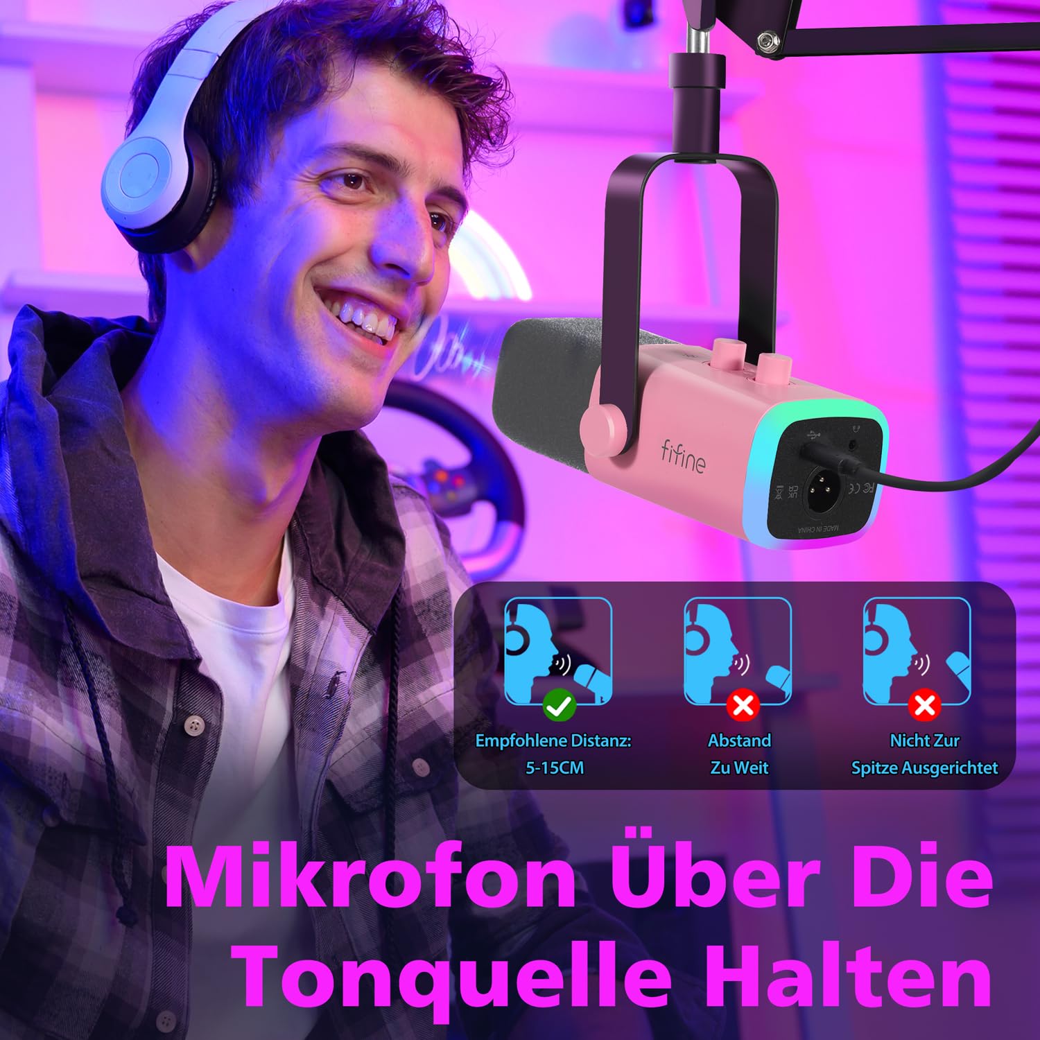 FIFINE XLR Streaming Mikrofon mit Arm für Podcast Studio, USB Dynamisch Microphone Gaming PC mit Stummschalttaste, für PS4/5 Mac Mixer Soundkarten - Rose