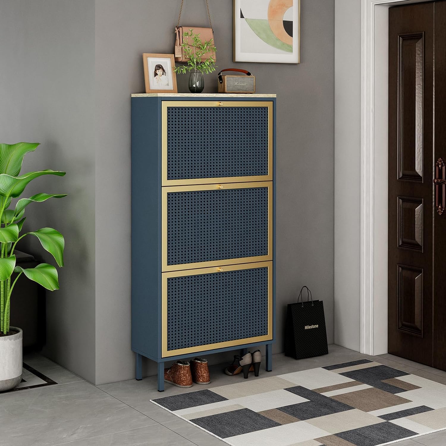 Natural Rattan Shoe Cabinet with 3 Flip Drawers, Entrance Hallway Free Standing Shoe Racks with Metal Legs for Heels, Boots, Slippers (Blue)