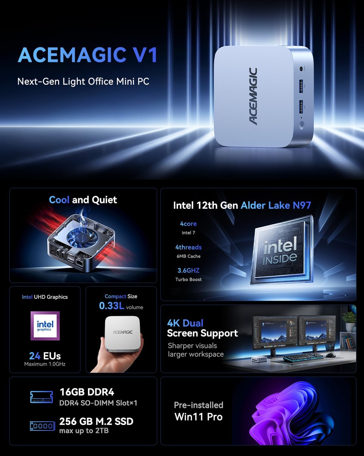 ACEMAGIC Mini Pc 11 Pro, Processor N97 up to 3.6 GHz Mini Computers, 16GB DDR4 256GB SSD, 4K Dual Display WiFi BT VESA Micro Small Pc for Business and Home, Mini Desktop