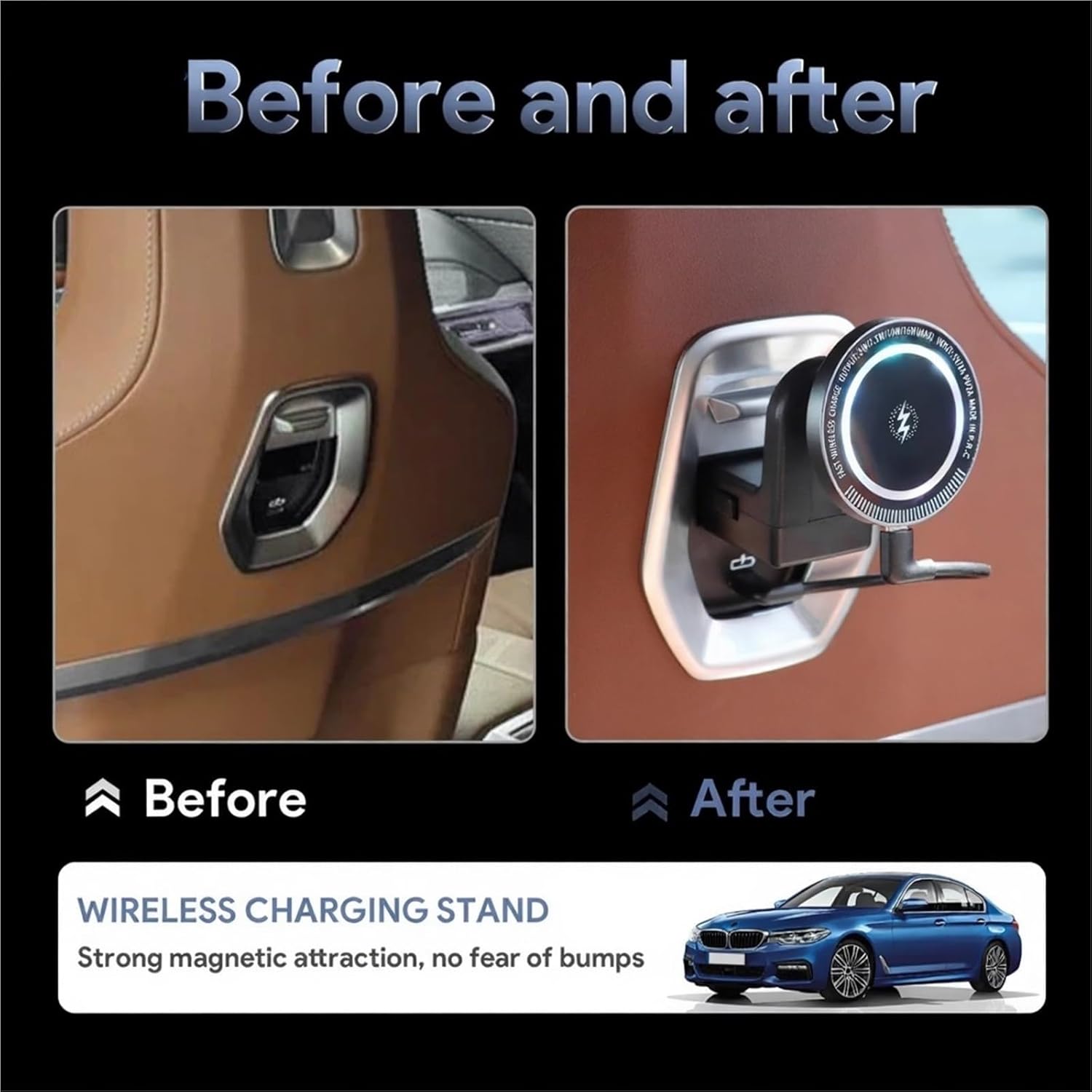 Magnetic Rear Seat Phone Holder & 15W Wireless Charger Fits BMW Travel & Comfort System - Compatible with X3 X5 X6 X7 iX i5 i7, Fast Charging Headrest Mount Bracket(2pcs Wireless Charger with Light)