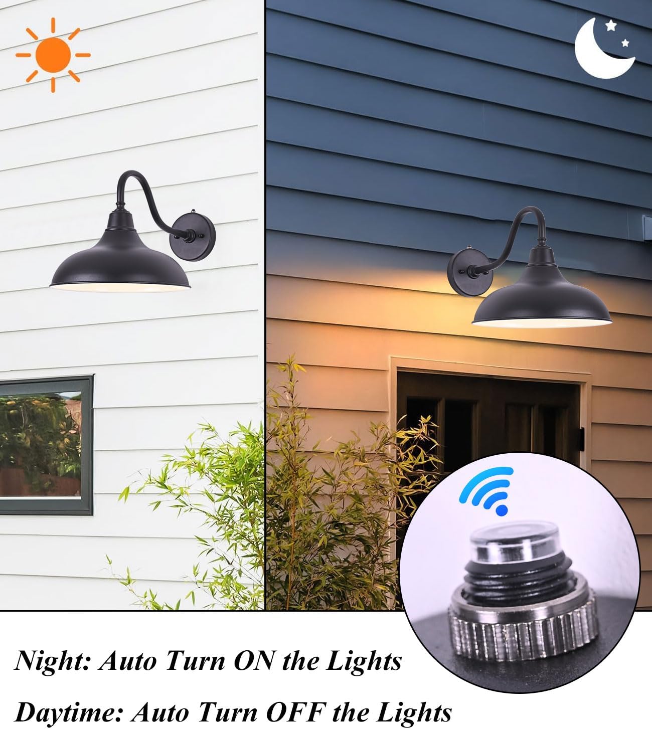 Outdoor Gooseneck Barn Light -12” Black Dusk to Dawn Exterior Wall Sconce Lighting with Photocell for Farmhouse House Porch Entryways Garage (2 Pack)