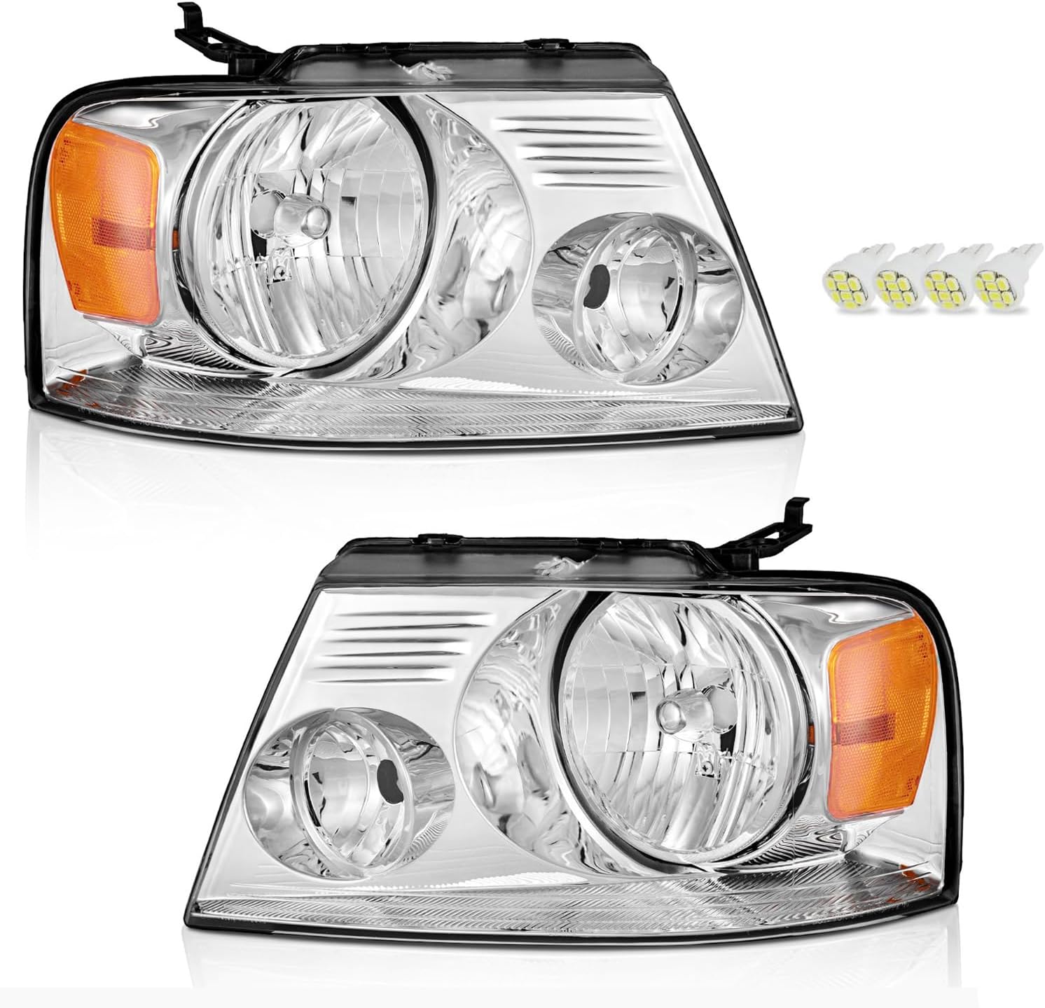 WEELMOTO For 2004-2008 Ford F150 Pickup/2006-2008 Mark LT Headlight Assembly, Headlamp replacement For 2004 2005 2006 2007 2008 Headlight Assembly Chrome Housing with LED Parking Light Bulbs (4 Pack)
