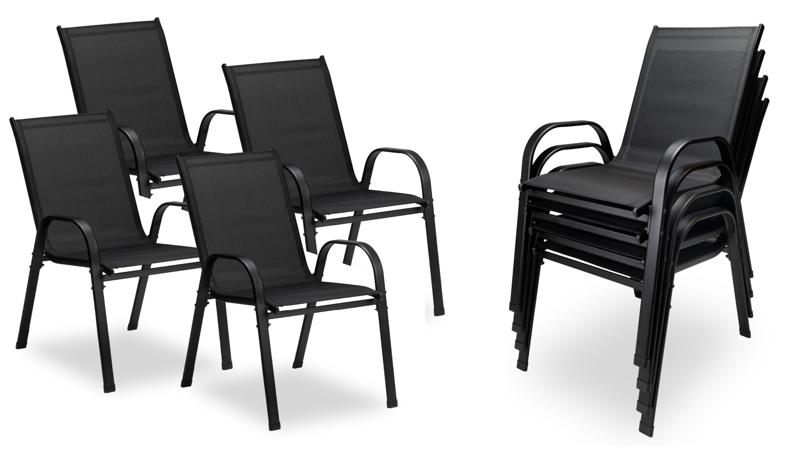 sunnypillow 4er Set Stapelstühle schwarz – Hochlehner Gartenstühle mit Armlehnen, stapelbare Terrassenstühle aus Textilene & pulverbeschichtetem Stahl, belastbar bis 120 kg, ideal für Innen und Außen