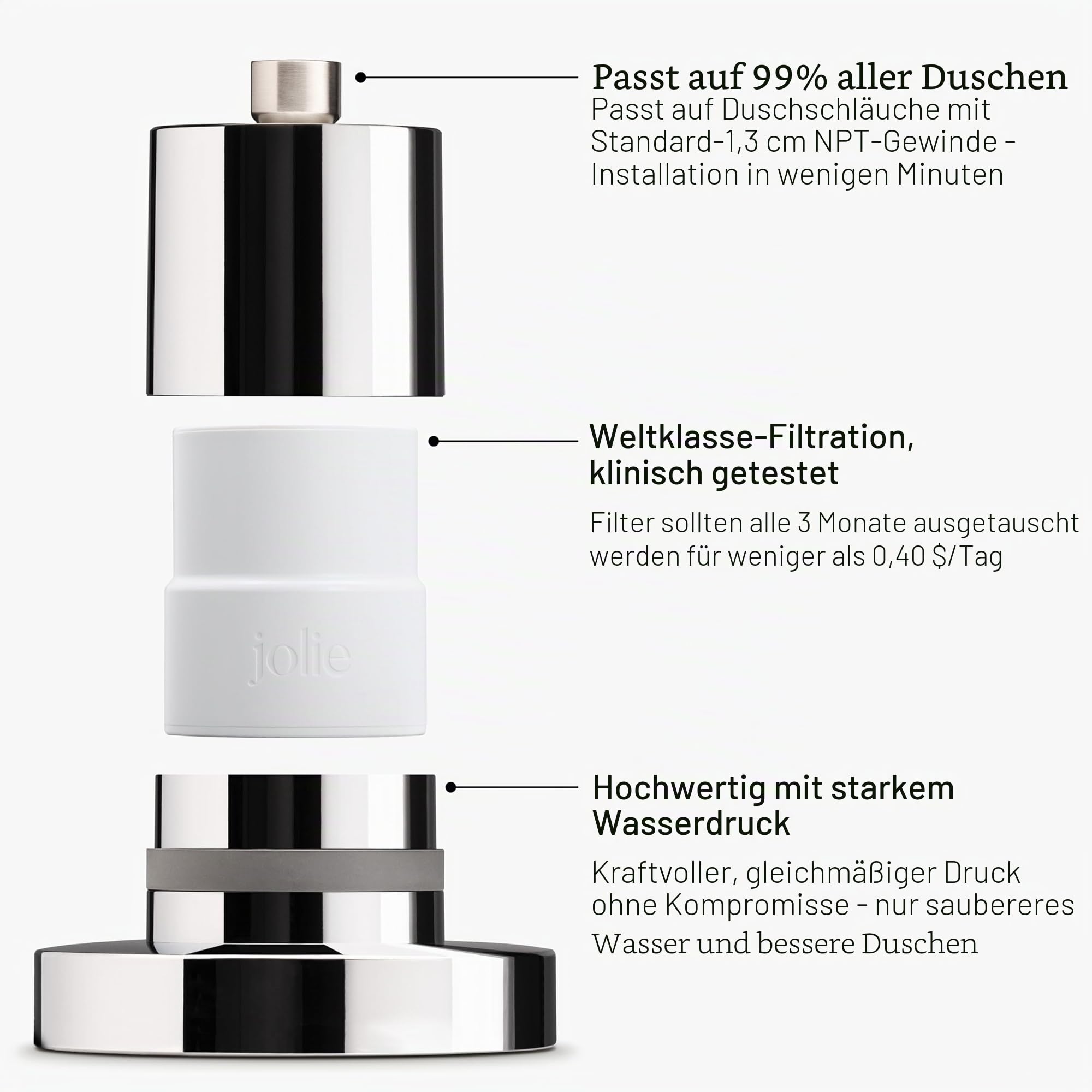 The Joie gefilterter Duschkopf, klinisch getestet, Hochdruck-Duschfilter für gesünderes Haar und Haut, reduziert Haarausfall, schützt gefärbtes Haar, beruhigt trockene Haut, reduziert Schuppen