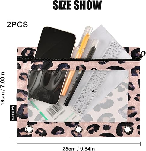 Miniatura 3 de Estuche para lápices con estampado de leopardo y guepardo rosa para carpeta de 3 anillos, 2 bolsas para lápices con cremallera, estuche transparente