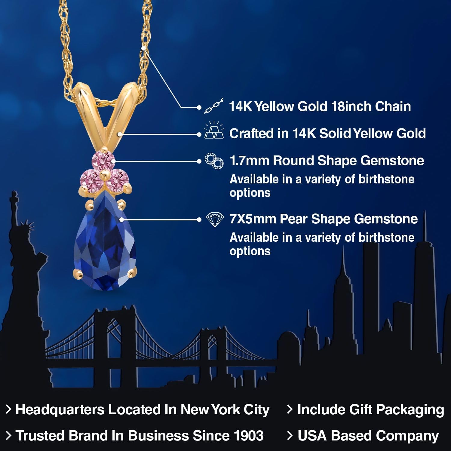 Gem Stone King 14K Yellow Gold Blue Created Sapphire and Pink Lab Grown Diamond Pendant Necklace for Women | 1.06 Cttw | Gemstone September Birthstone | Pear Shape 7X5MM | With 18 Inch Chain - Image 2