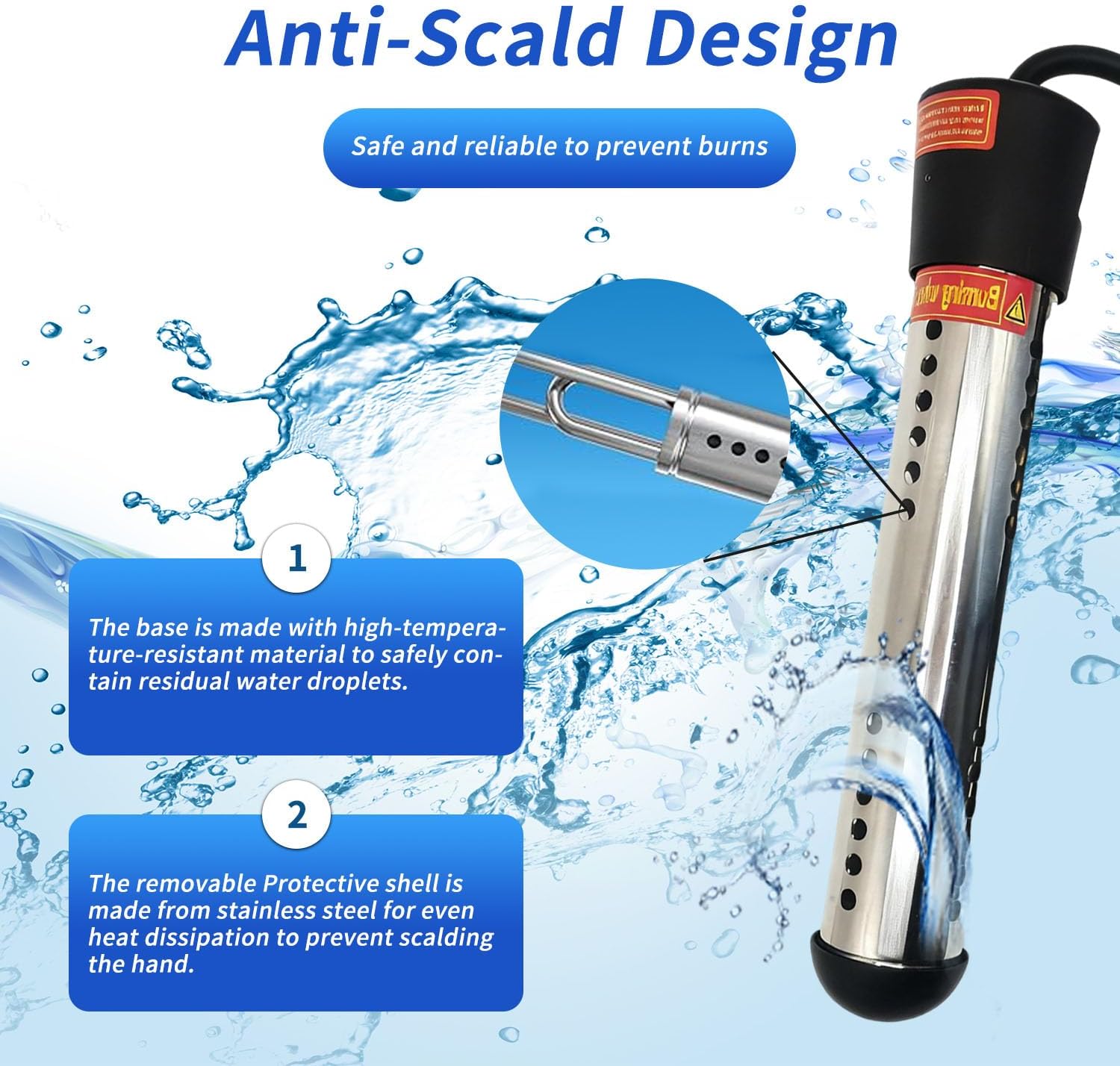 2000W Immersion Water Heater Electric, Portable Water Heater with Efficient Heating, Digital Thermometer & Auto Shut-Off, 304 Stainless Steel, Pool Heater and Bucket Heater for Home & Outdoor Use