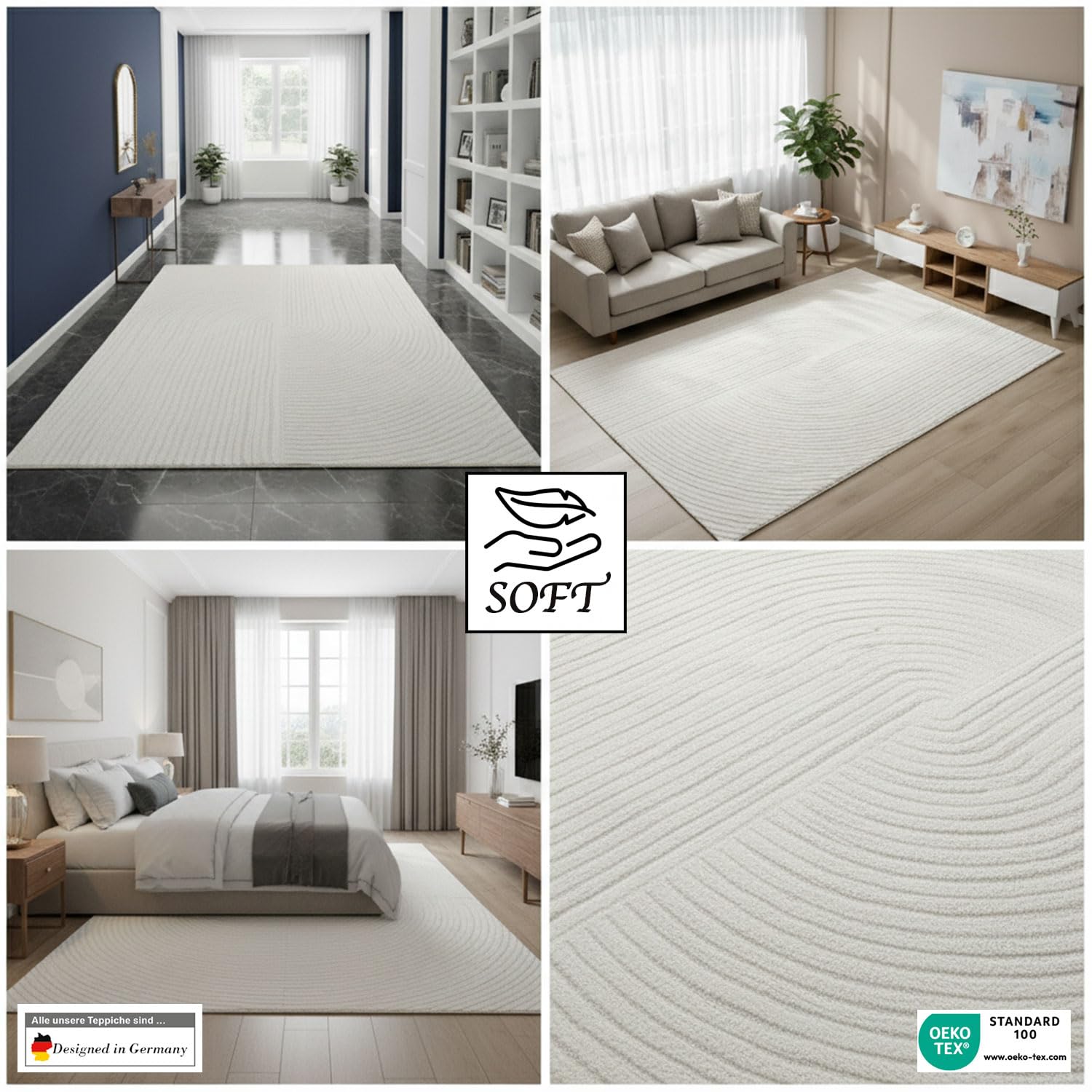 VIMODA Moderner Kurzflor-Teppich Boho Wohnzimmer Schlafzimmer dünn mit 3D Hoch-Tief Effekt Pflegeleicht,Farbe:Creme;Maße:200x290 cm