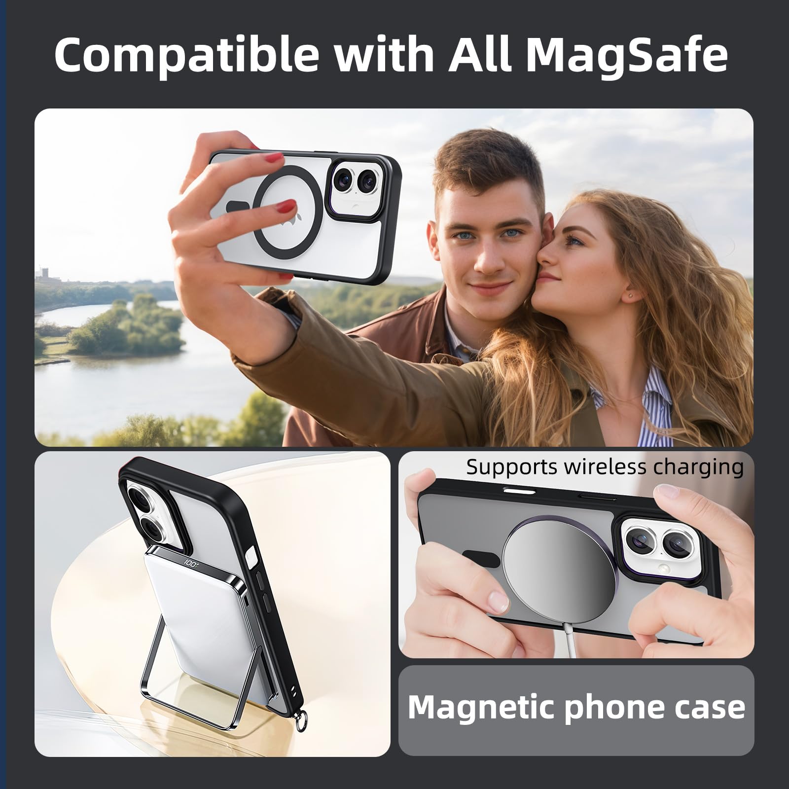 Pnakqil Magnetyczne etui na Apple iPhone 16 ze smyczą, kompatybilne z MagSafe, półprzezroczyste przezroczyste twarde etui z PC ze sznurówką na ramię regulowany odporny na wstrząsy futerał z
