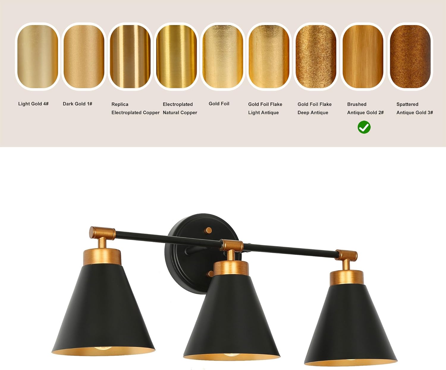Uolfin Black Vanity Light, Modern Farmhouse Bathroom Light Fixtures, 3 Light Bathroom Vanity Light Over Mirror Metal Shade in Matte Black and Brushed Antique Gold Finish