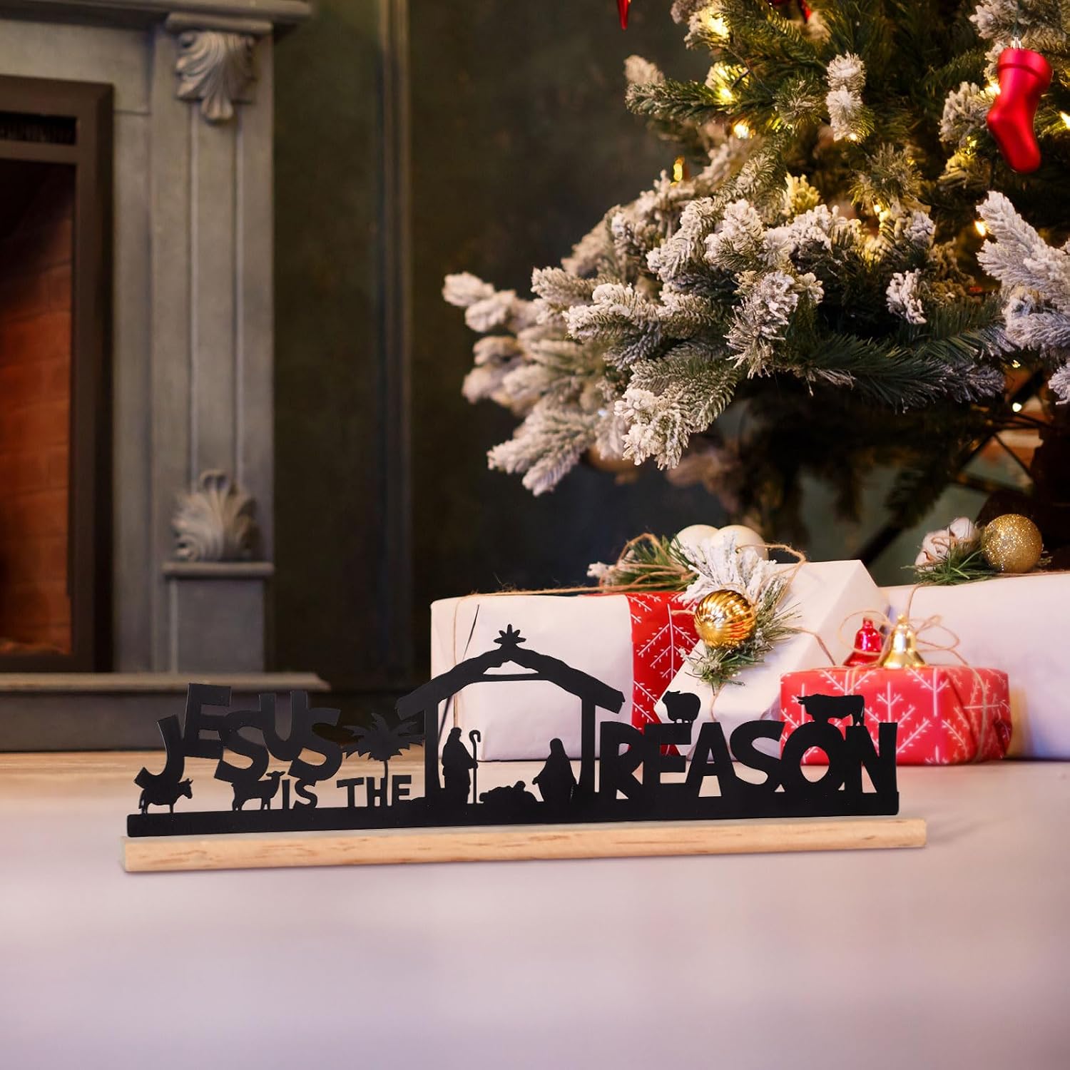 Panelee Nativity Scene Sets for Christmas Indoor Black Metal Nativity Set with Wood Base Nacimientos Navidenos Figuras for Christmas Xmas Party Table Shelf Decor(Stylish Style)