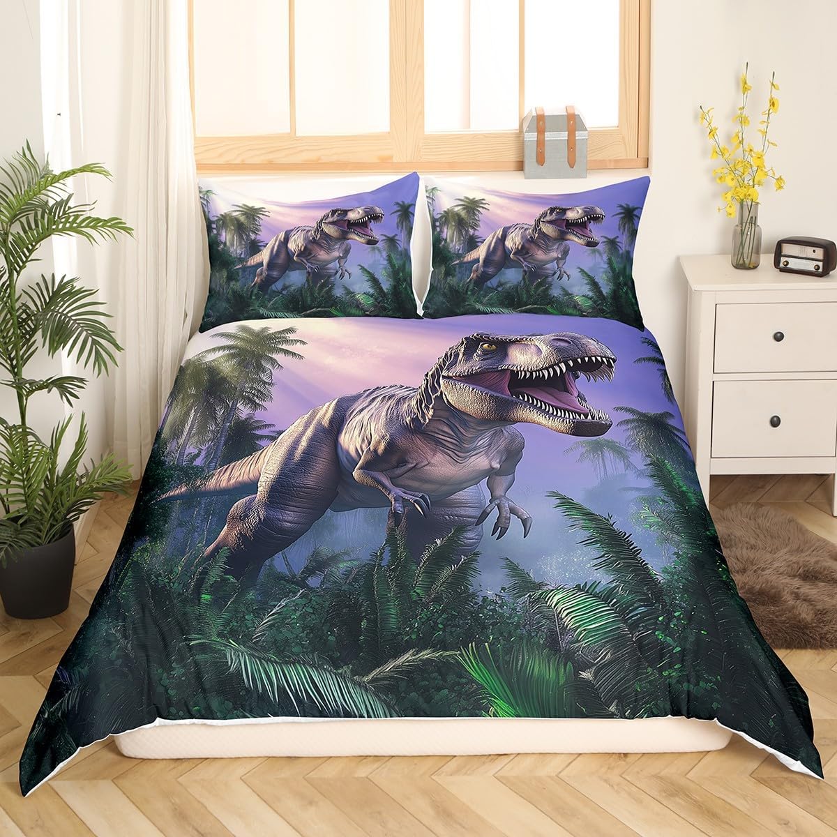 Jungle Dinosaur Duvet Cover Set Toddler Size Fierce Tropical Animal Bedding Set for Kids Girls Boys Coconut Tree Leaves Comforter Cover Dreamy Purple Sky Quilt Cover,1 Pillowcase(No Comforter)